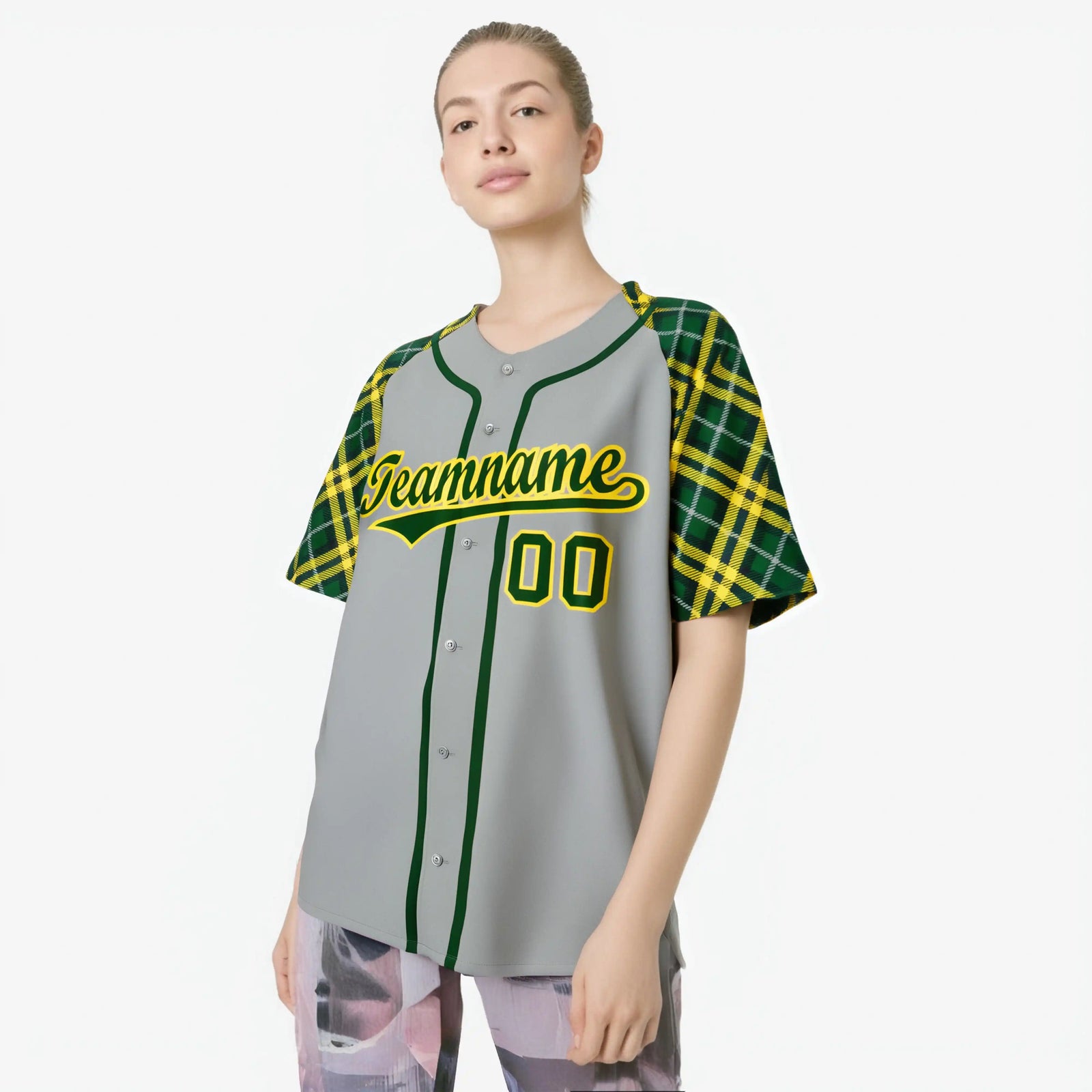 Custom Gray Green-Gold Authentic Plaid sleeve Baseball Jersey
