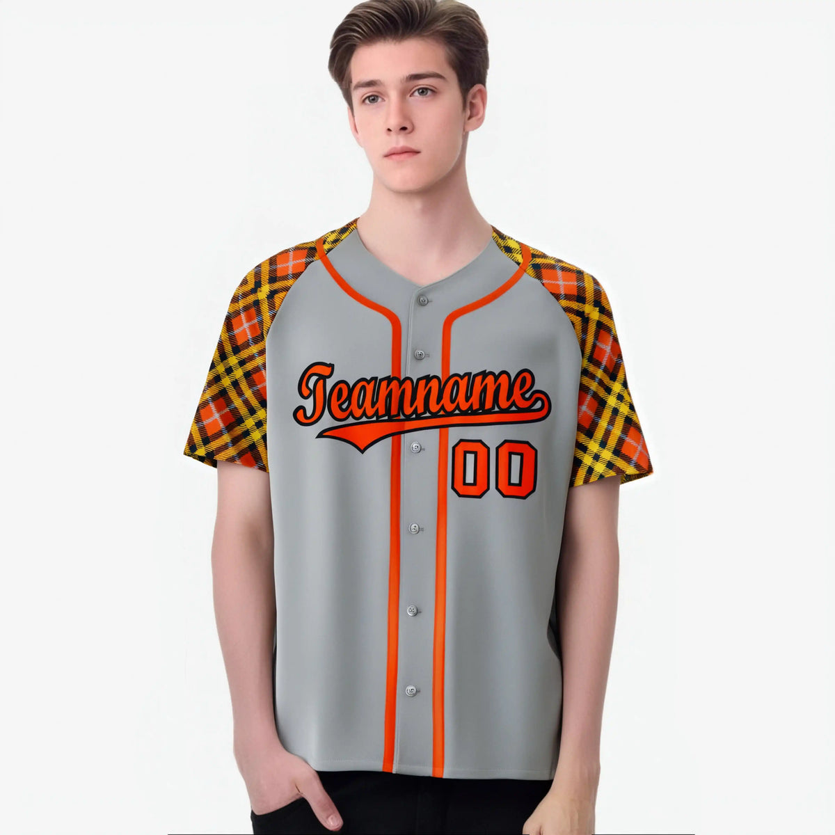 Custom Gray Orange-Yellow Authentic Plaid sleeve Baseball Jersey