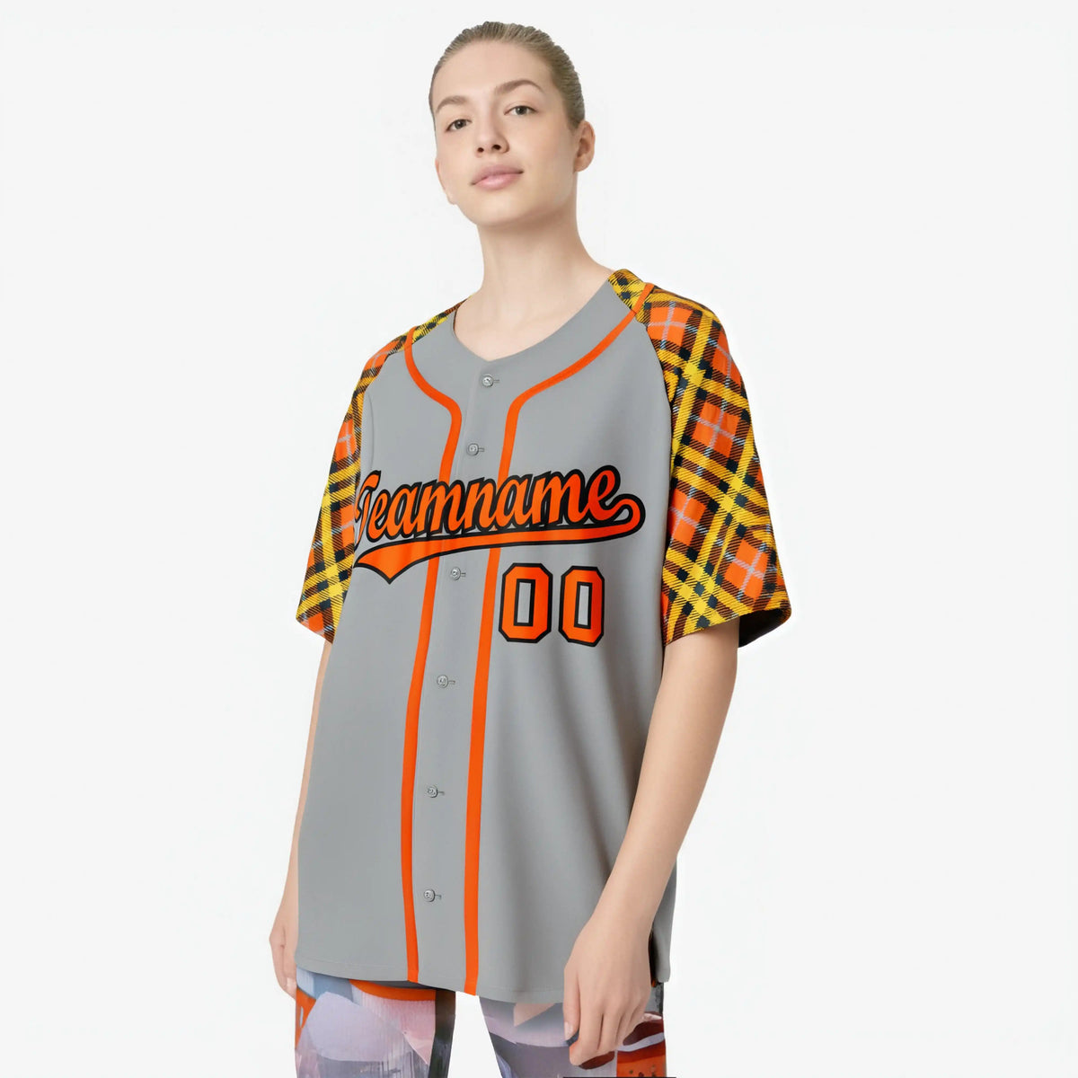 Custom Gray Orange-Yellow Authentic Plaid sleeve Baseball Jersey