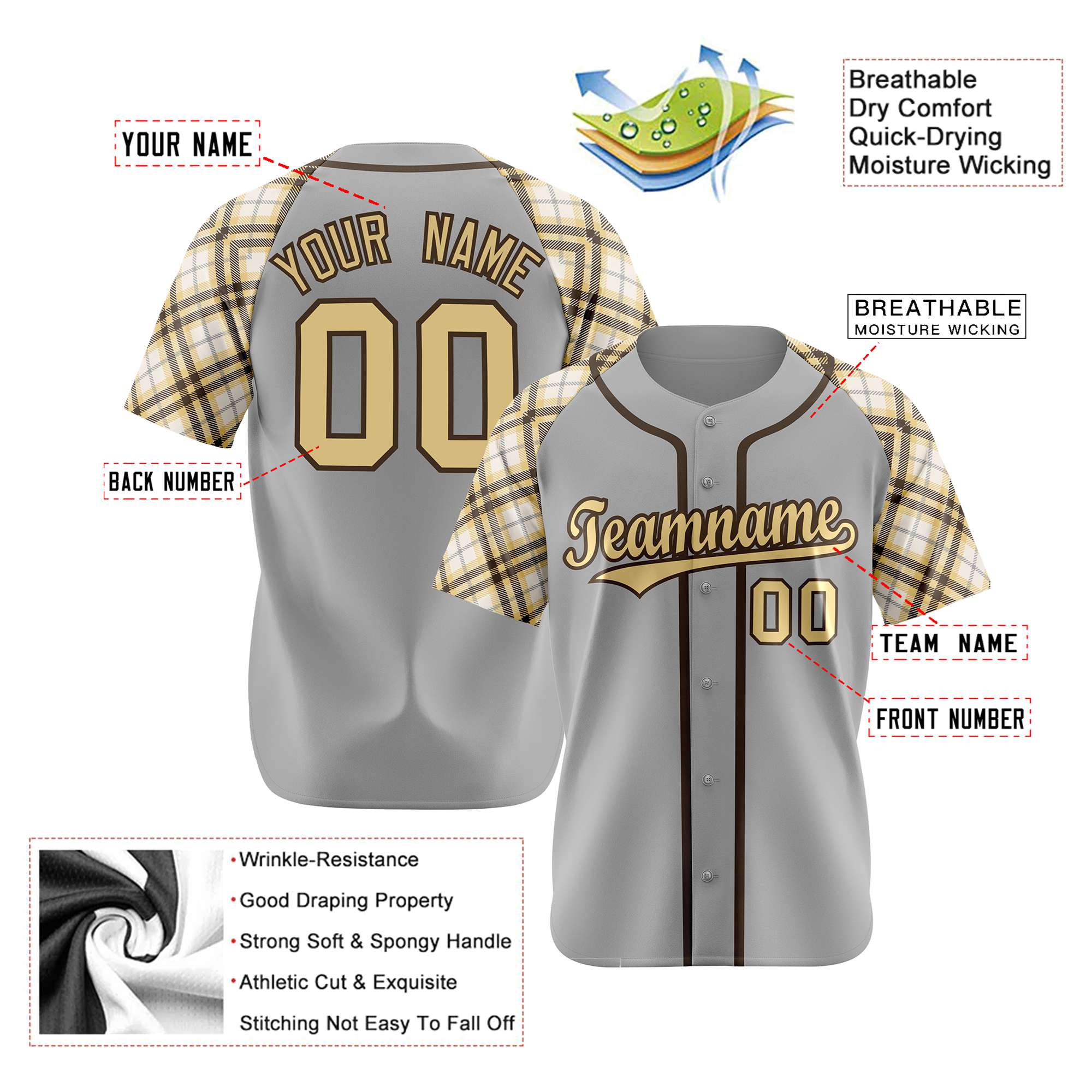 Custom Gray Old-Gold Black Authentic Plaid sleeve Baseball Jersey