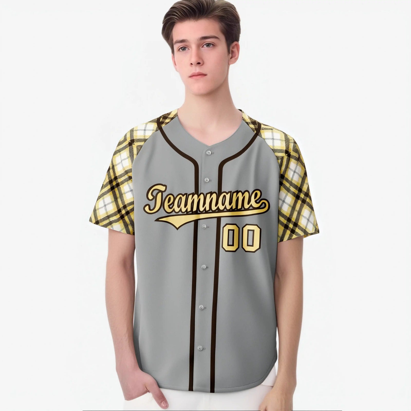 Custom Gray Old-Gold Black Authentic Plaid sleeve Baseball Jersey