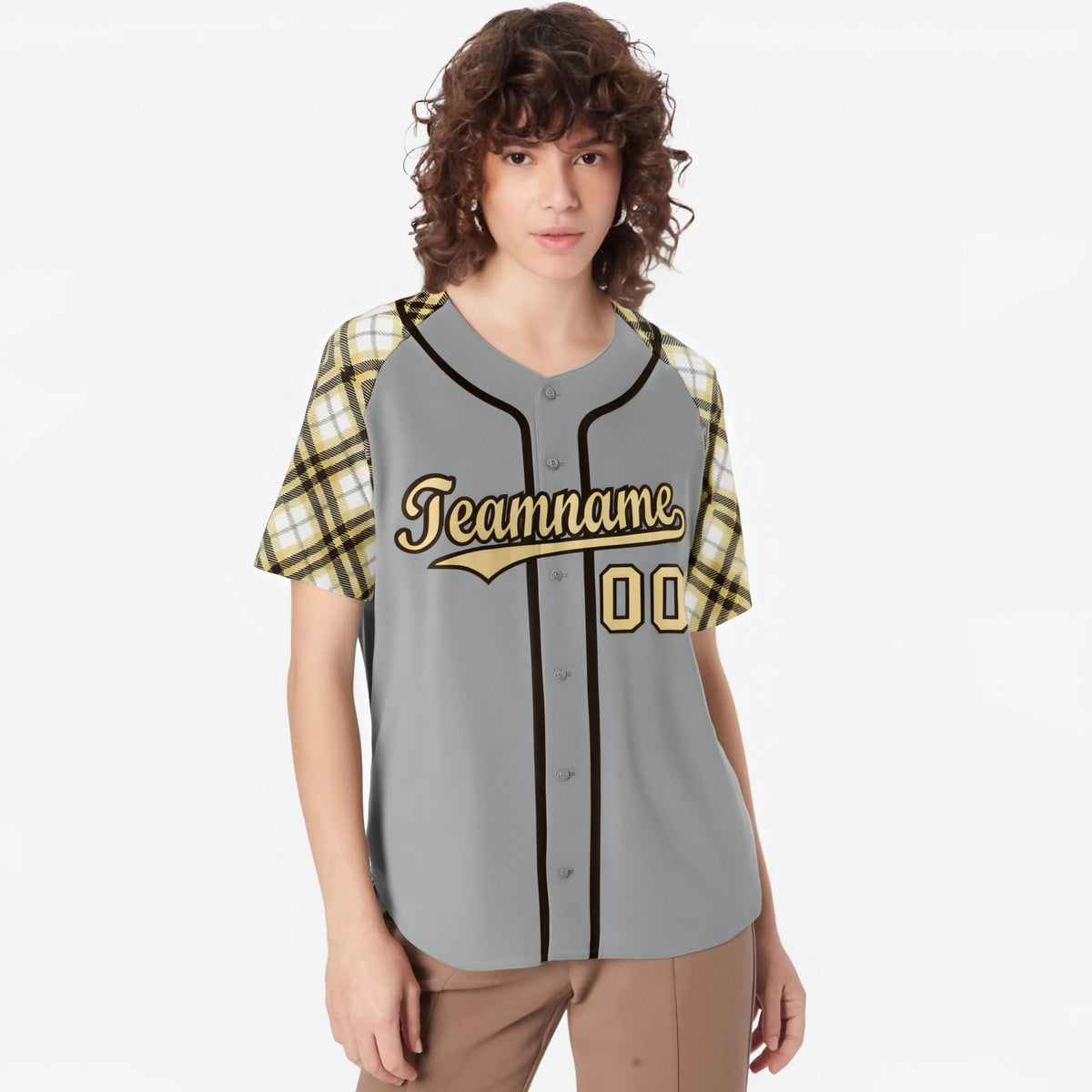 Custom Gray Old-Gold Black Authentic Plaid sleeve Baseball Jersey