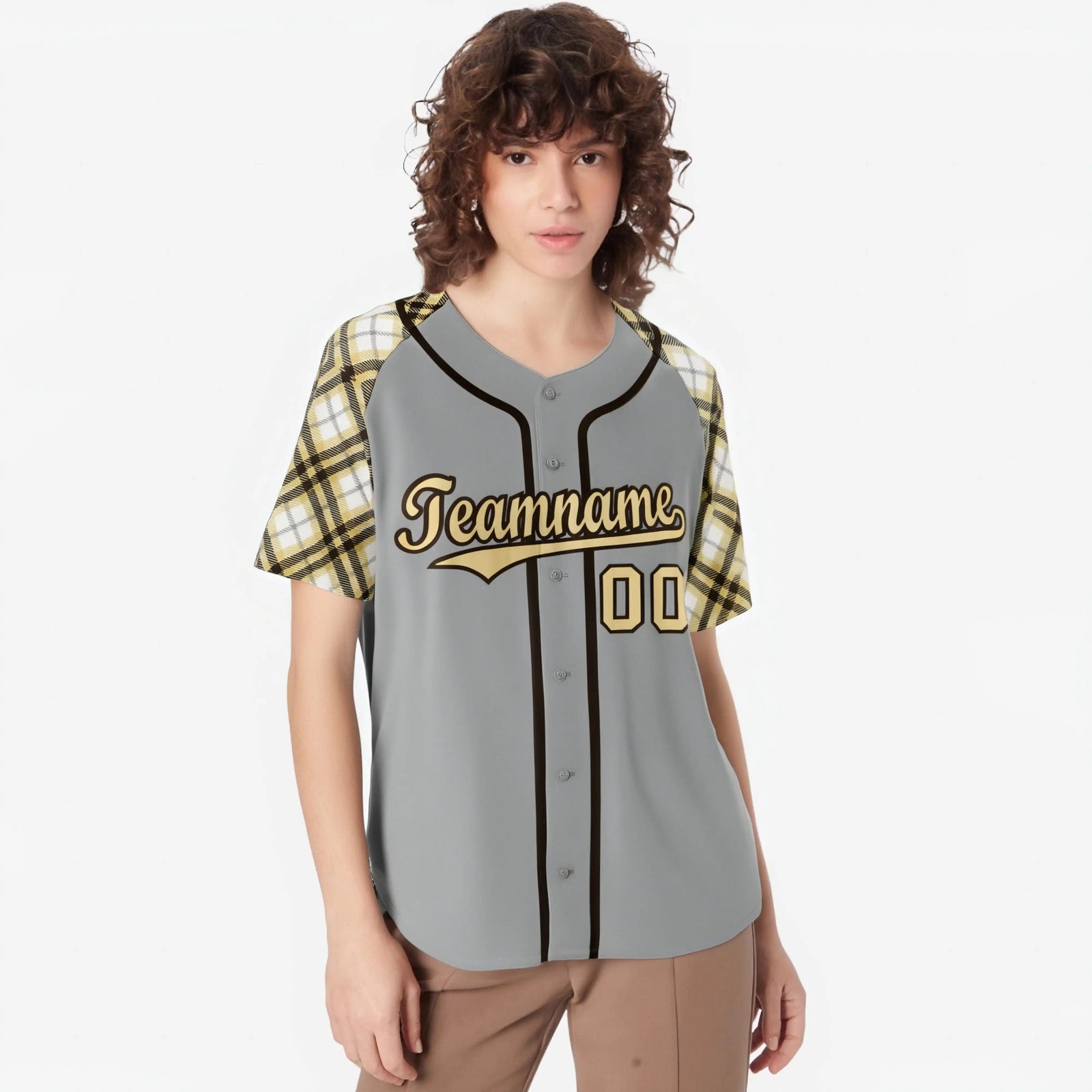 Custom Gray Old-Gold Black Authentic Plaid sleeve Baseball Jersey