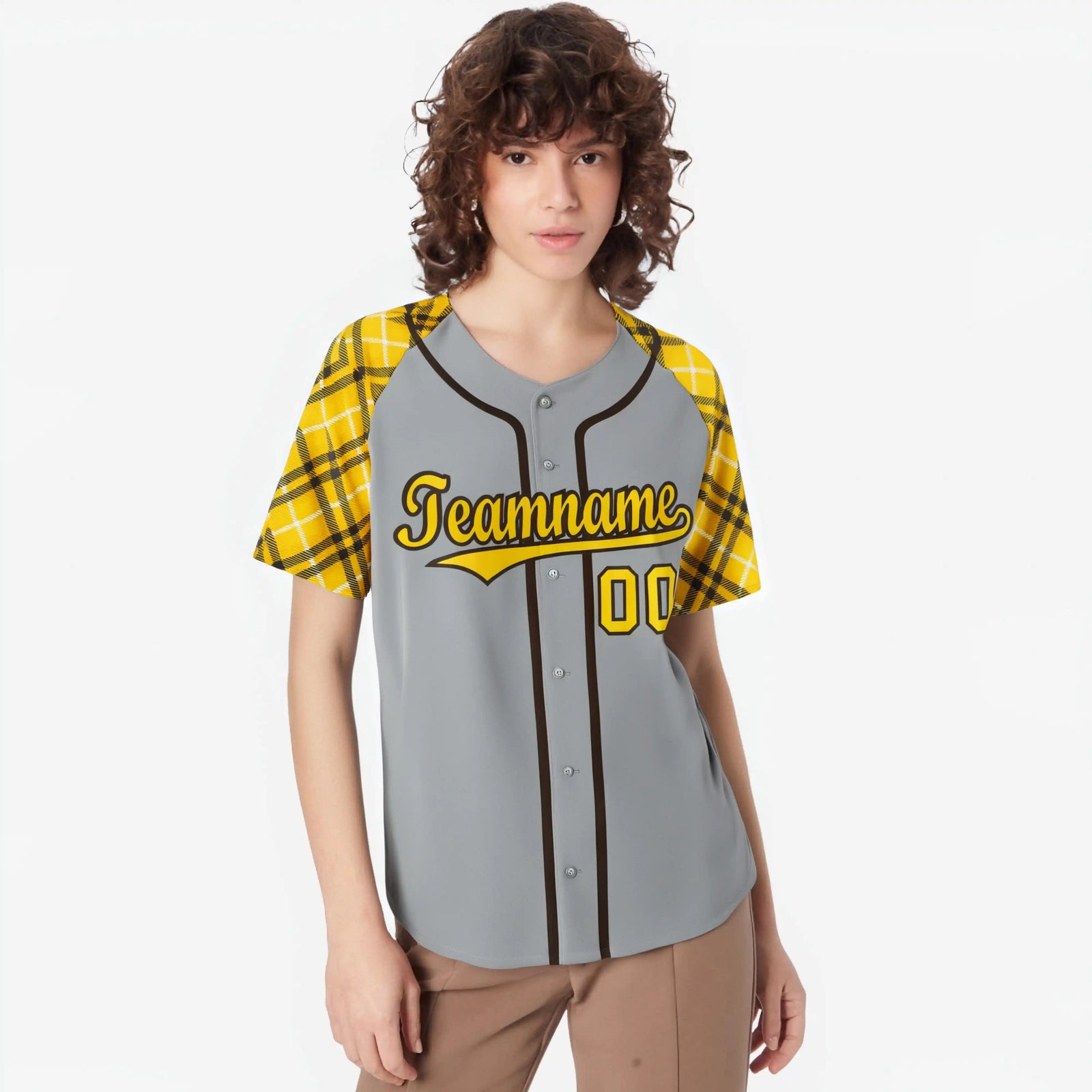 Custom Gray Yellow-Black Authentic Plaid sleeve Baseball Jersey