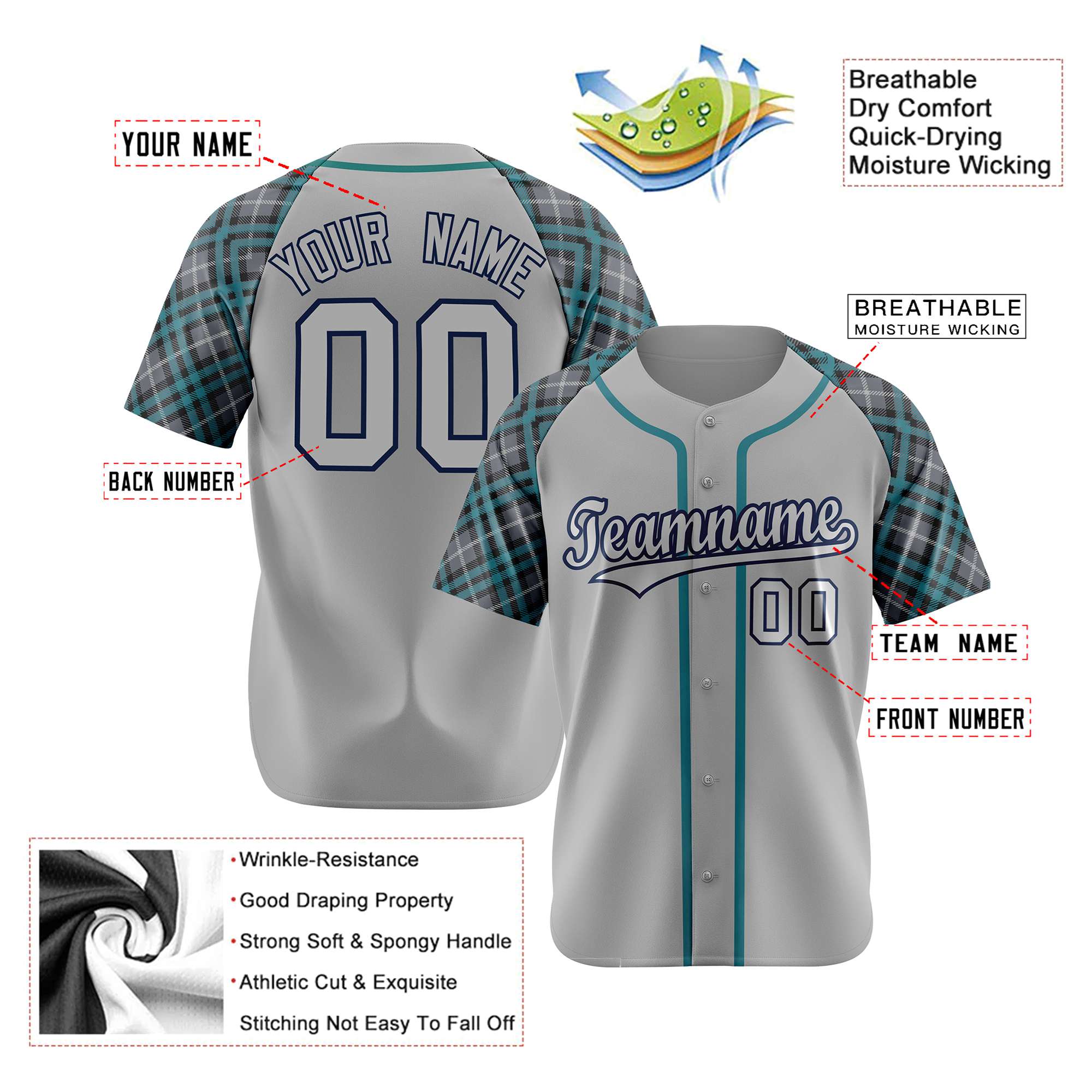 Custom Gray Midnight-Green Navy Authentic Plaid sleeve Baseball Jersey