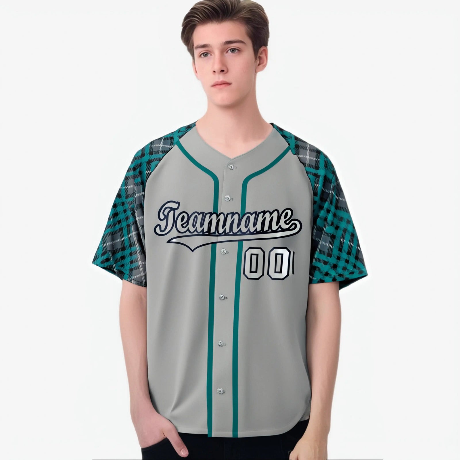 Custom Gray Midnight-Green Navy Authentic Plaid sleeve Baseball Jersey
