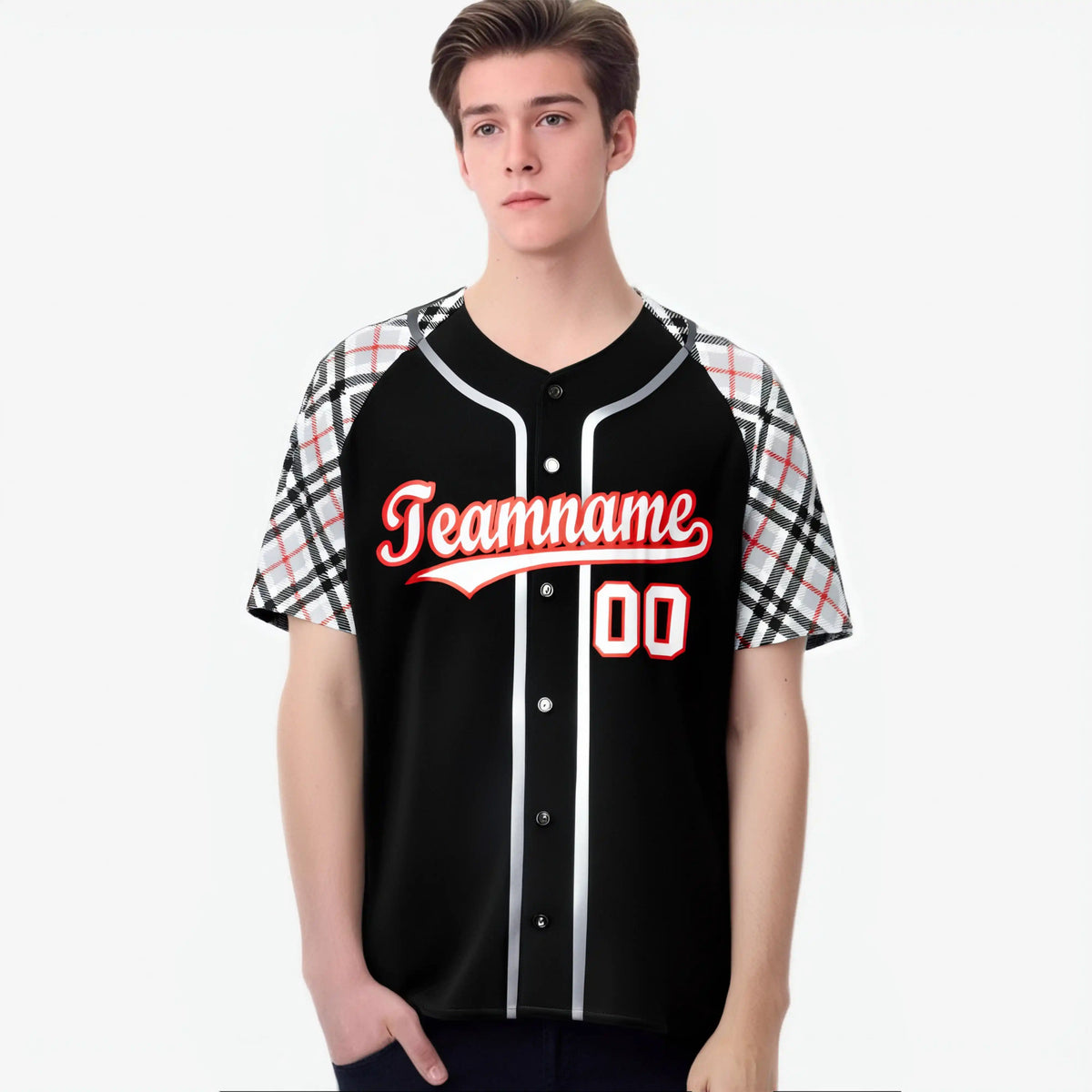 Custom Black Gray-Red Authentic Plaid sleeve Baseball Jersey