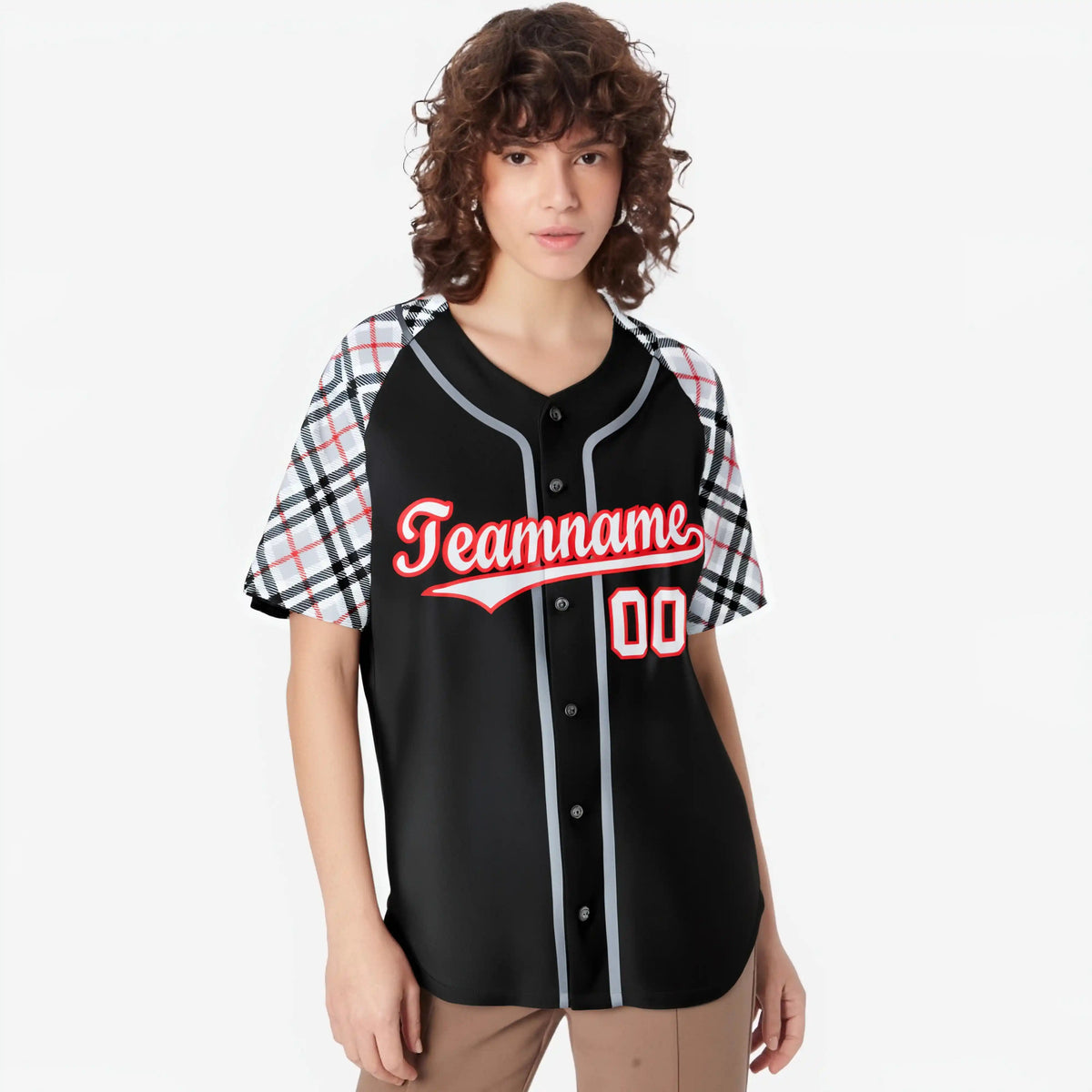 Custom Black Gray-Red Authentic Plaid sleeve Baseball Jersey
