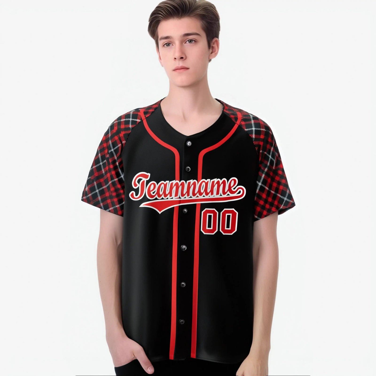Custom Black Crimson-White Authentic Plaid sleeve Baseball Jersey