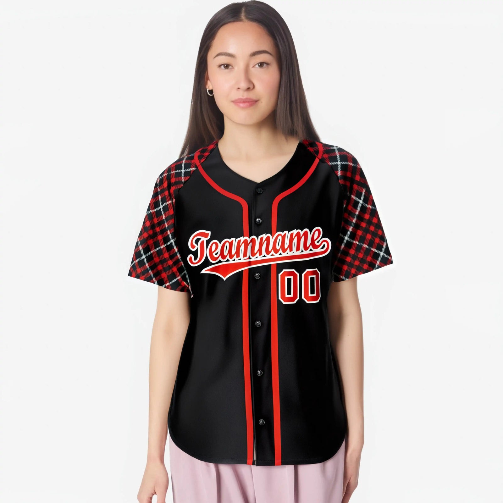 Custom Black Crimson-White Authentic Plaid sleeve Baseball Jersey