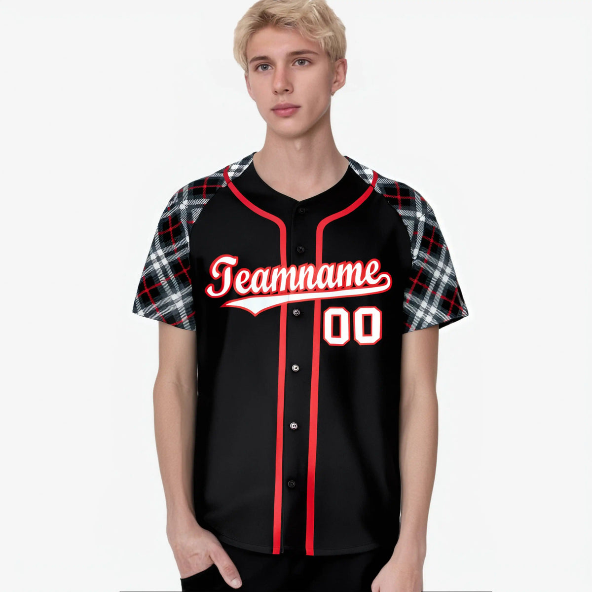 Custom Black Red-White Authentic Plaid sleeve Baseball Jersey