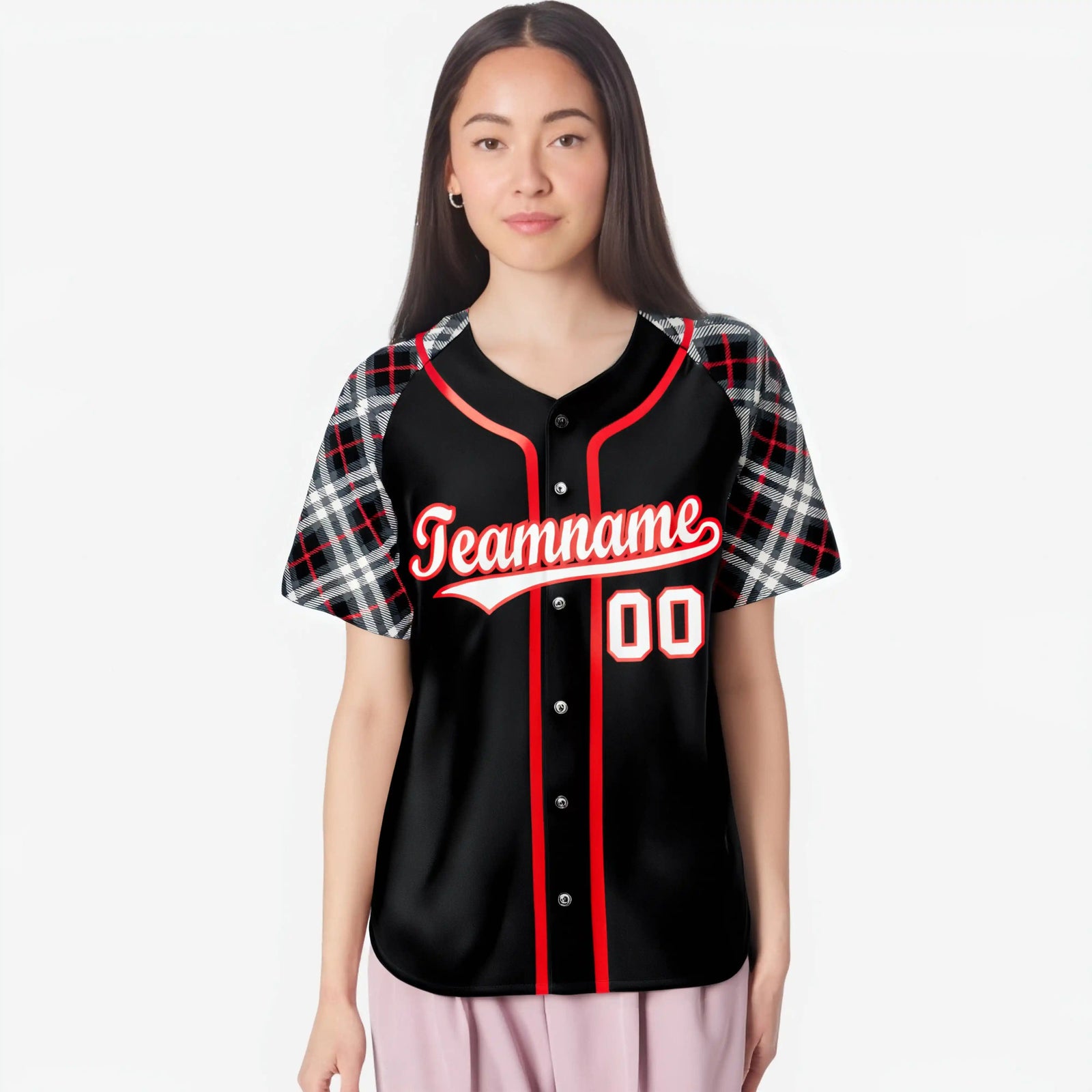 Custom Black Red-White Authentic Plaid sleeve Baseball Jersey