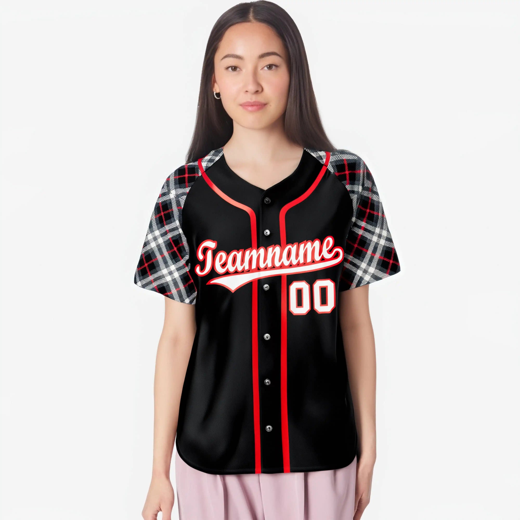 Custom Black Red-White Authentic Plaid sleeve Baseball Jersey