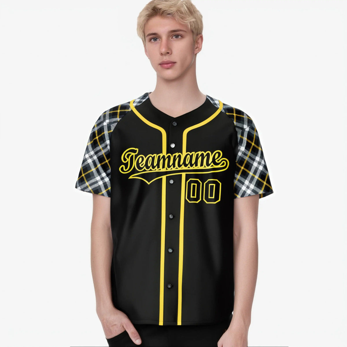 Custom Black Yellow-White Authentic Plaid sleeve Baseball Jersey
