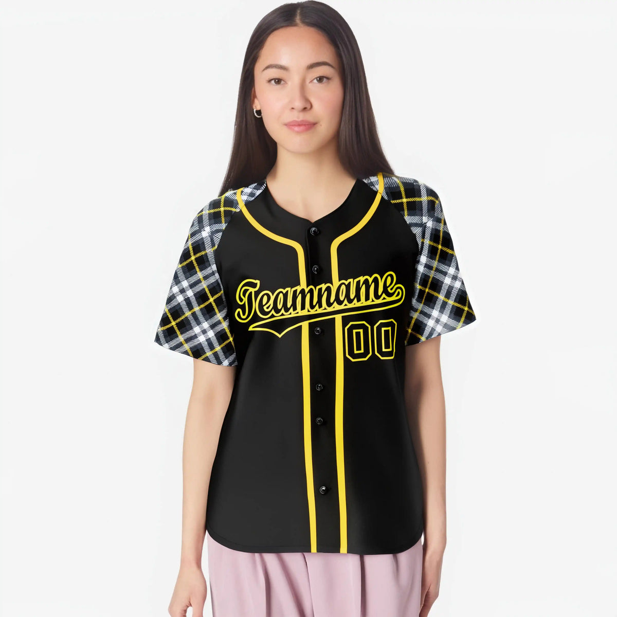 Custom Black Yellow-White Authentic Plaid sleeve Baseball Jersey