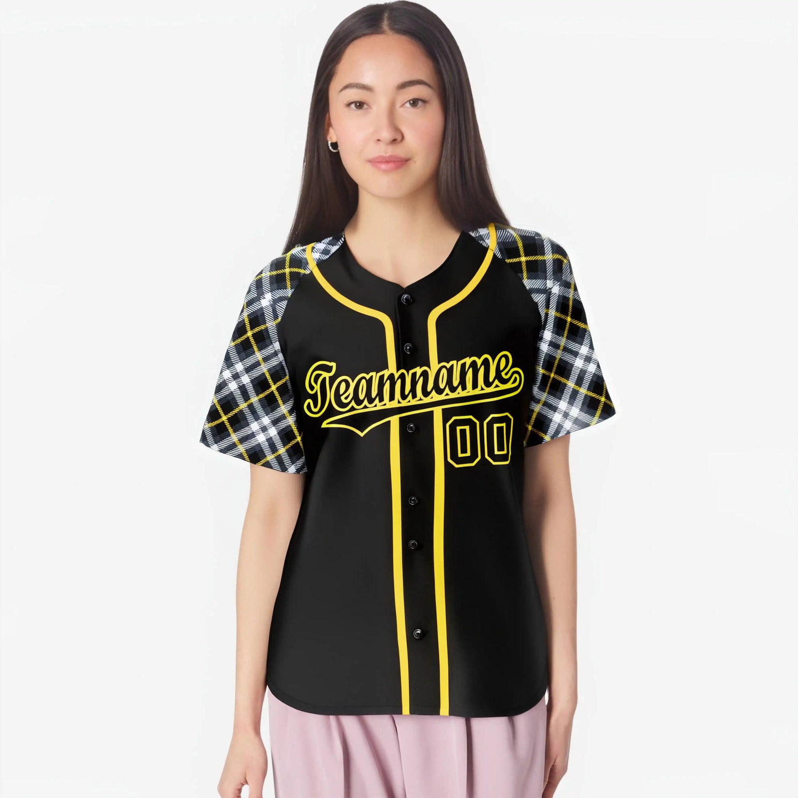 Custom Black Yellow-White Authentic Plaid sleeve Baseball Jersey