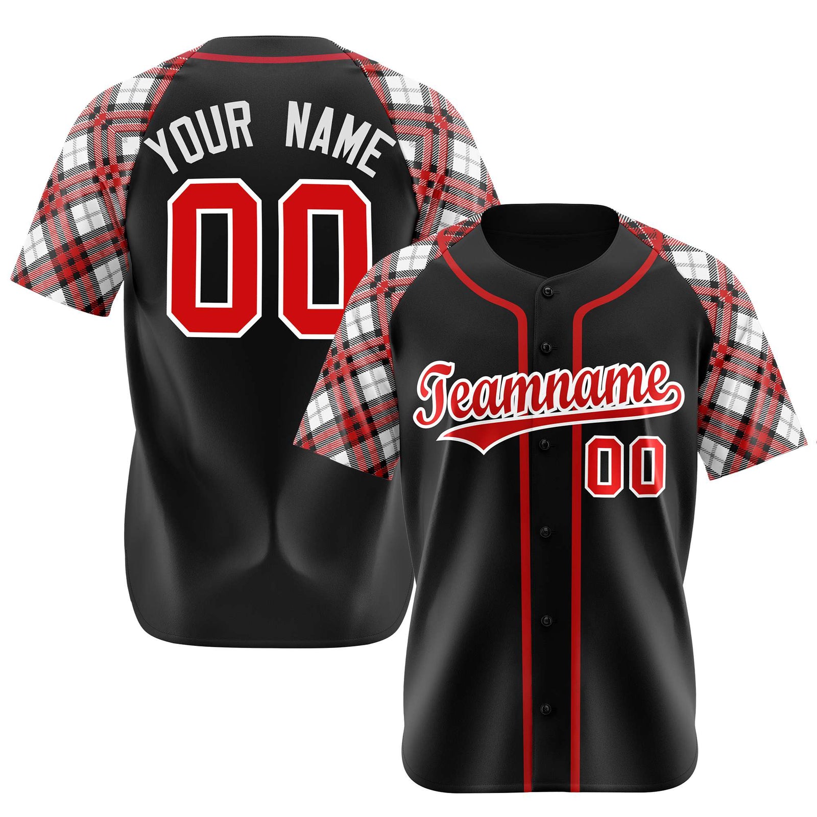 Custom Black Fire-Red White Authentic Plaid sleeve Baseball Jersey