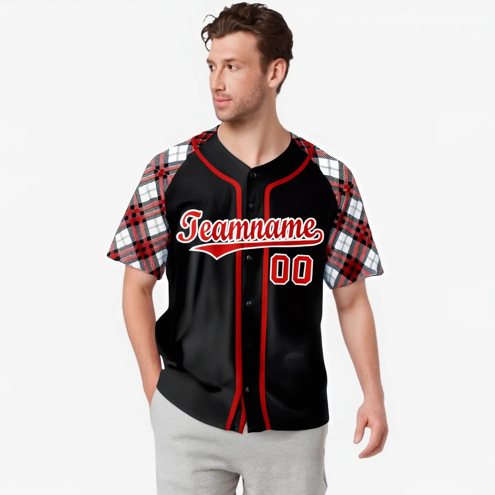 Custom Black Red-White Authentic Plaid sleeve Baseball Jersey