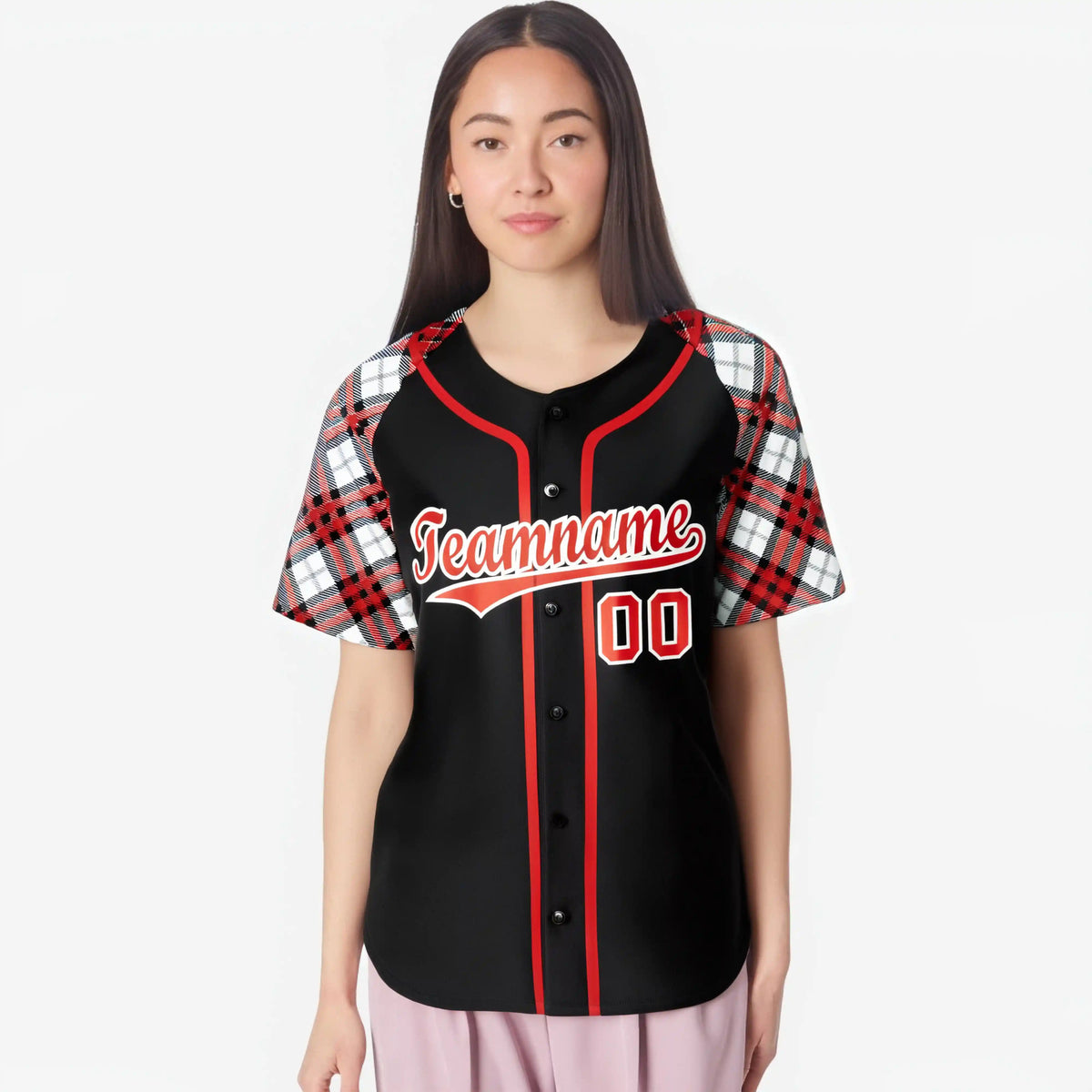Custom Black Fire-Red White Authentic Plaid sleeve Baseball Jersey