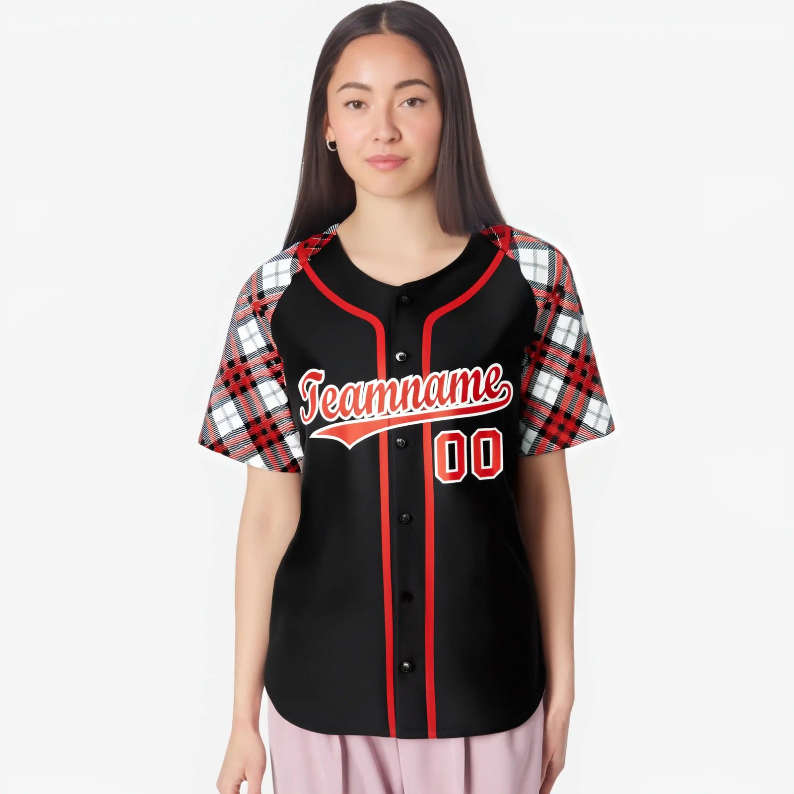 Custom Black Fire-Red White Authentic Plaid sleeve Baseball Jersey