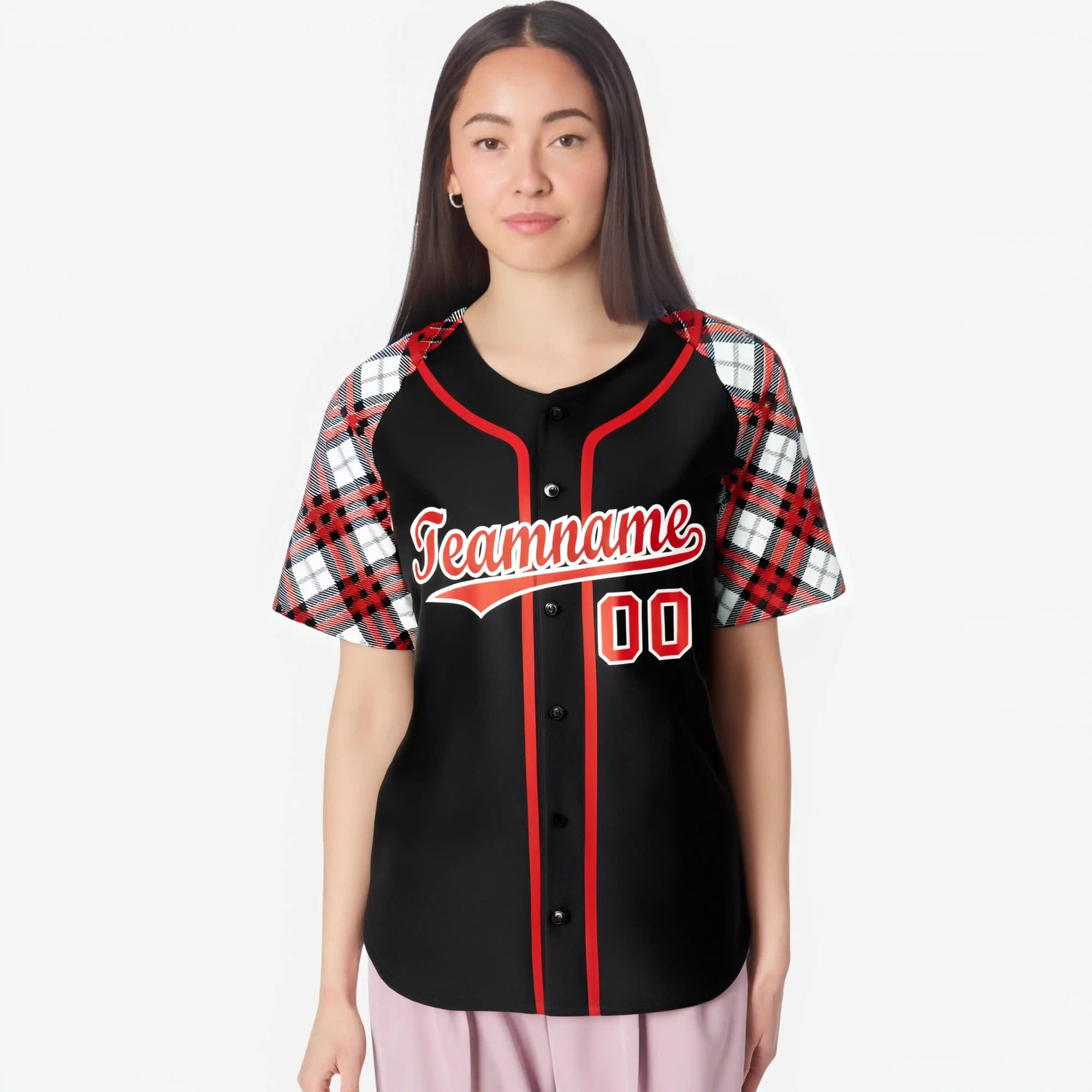 Custom Black Fire-Red White Authentic Plaid sleeve Baseball Jersey