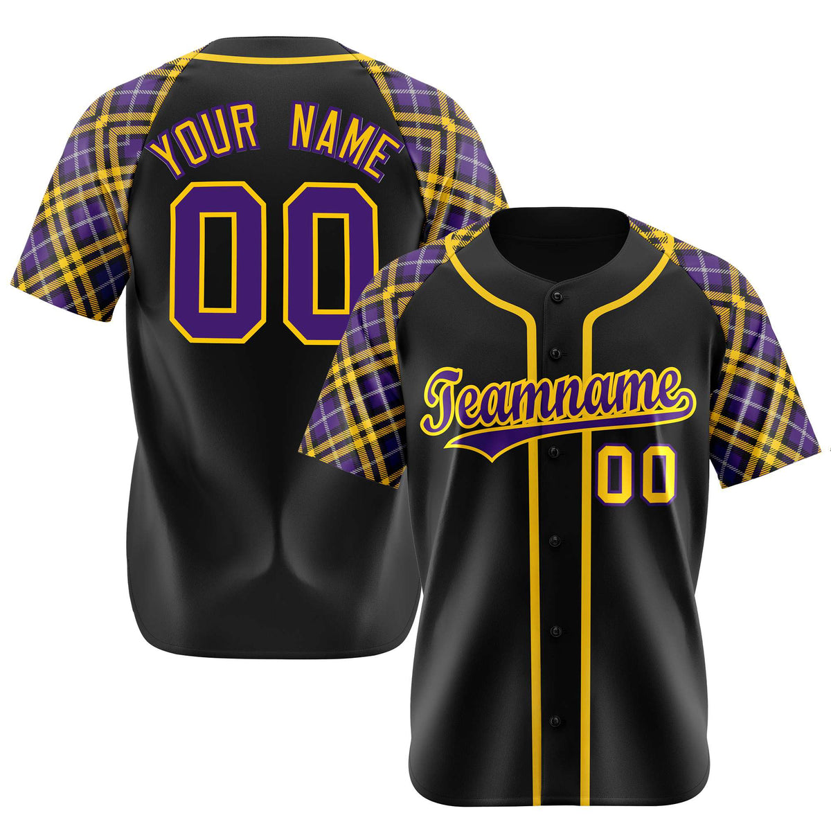 Custom Black Purple-Yellow Authentic Plaid sleeve Baseball Jersey