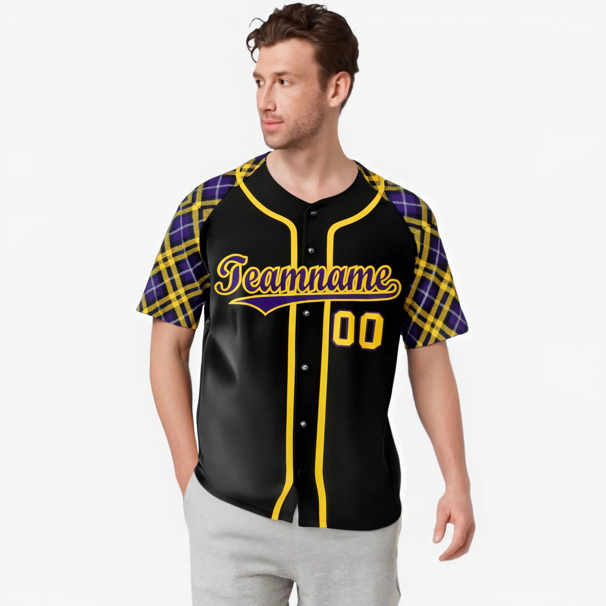 Custom Black Purple-Yellow Authentic Plaid sleeve Baseball Jersey