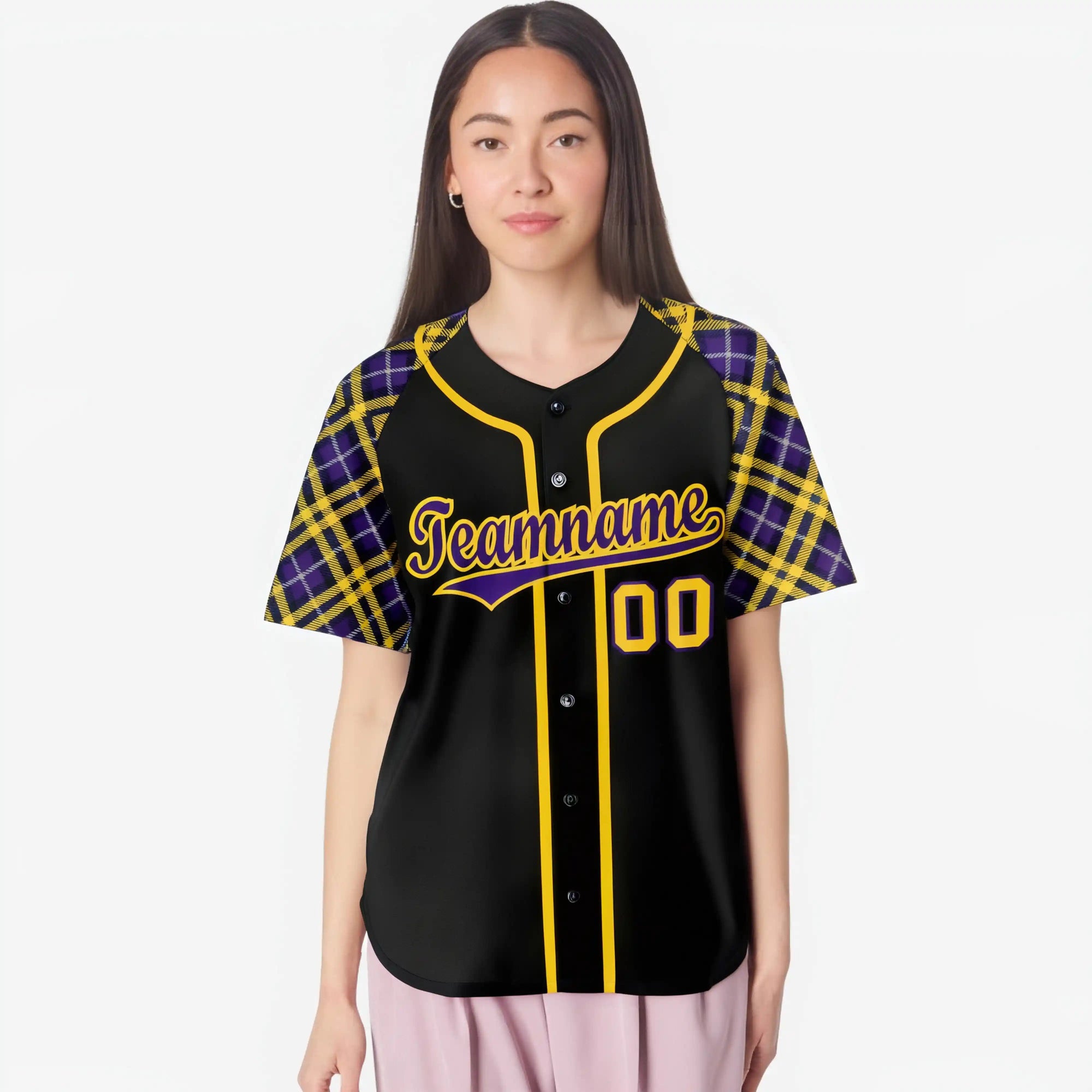 Custom Black Purple-Yellow Authentic Plaid sleeve Baseball Jersey