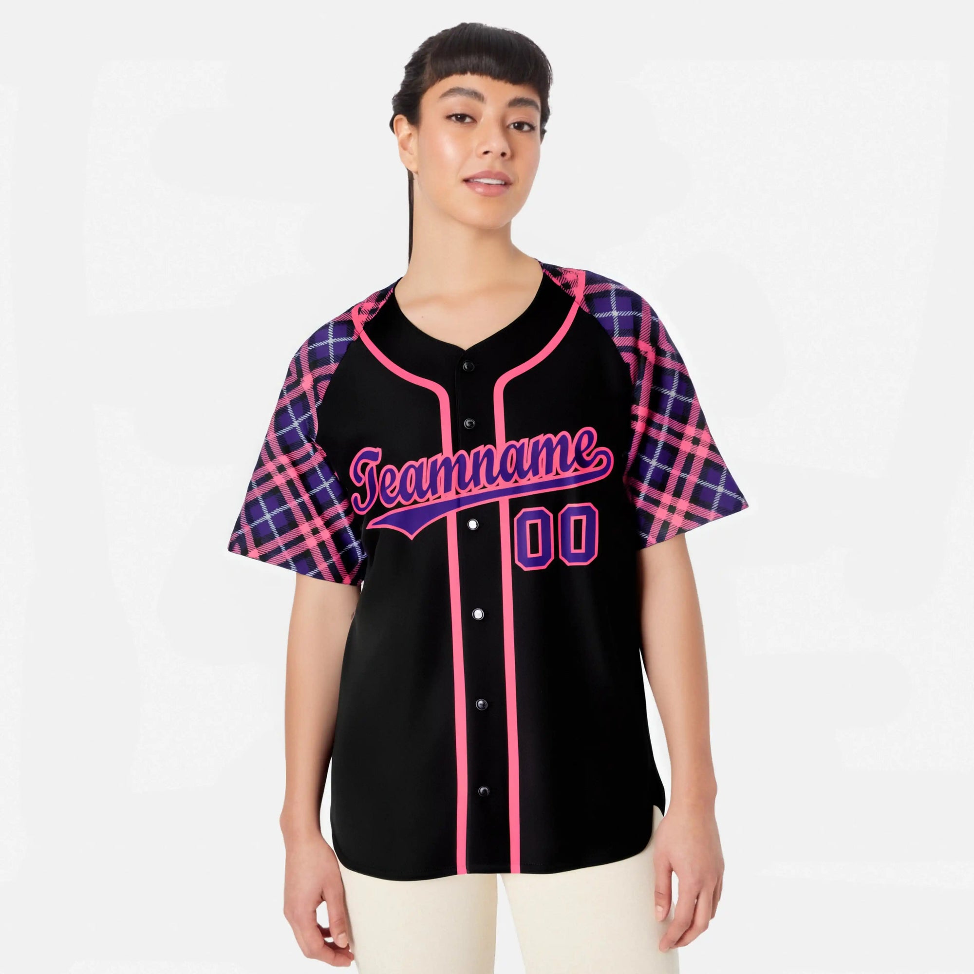 Custom Black Purple-Pink Authentic Plaid sleeve Baseball Jersey