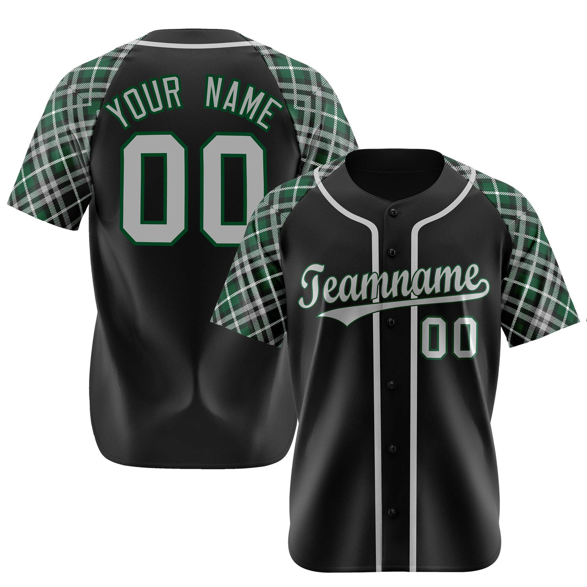 Custom Black Gray-Green Authentic Plaid sleeve Baseball Jersey