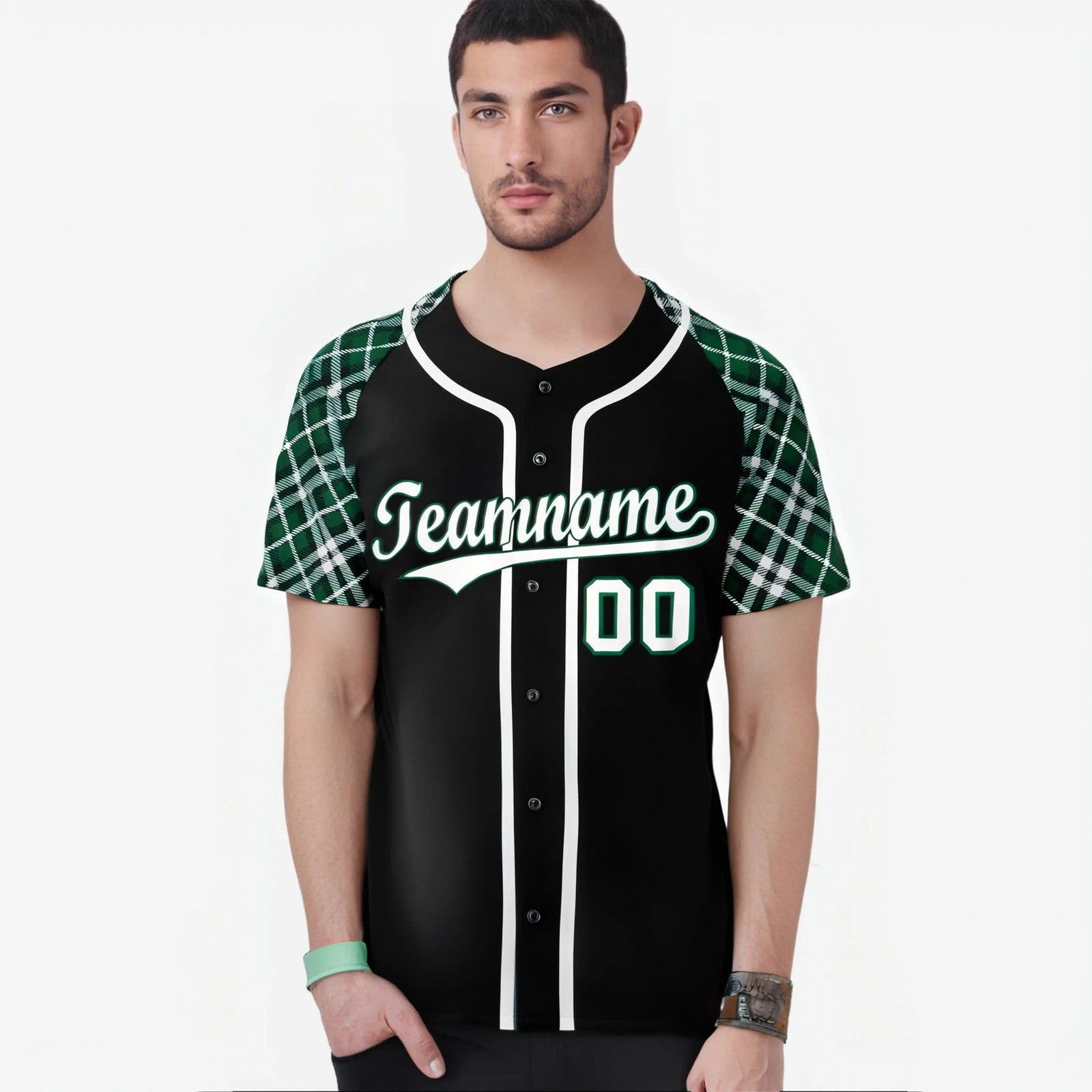 Custom Black Gray-Green Authentic Plaid sleeve Baseball Jersey