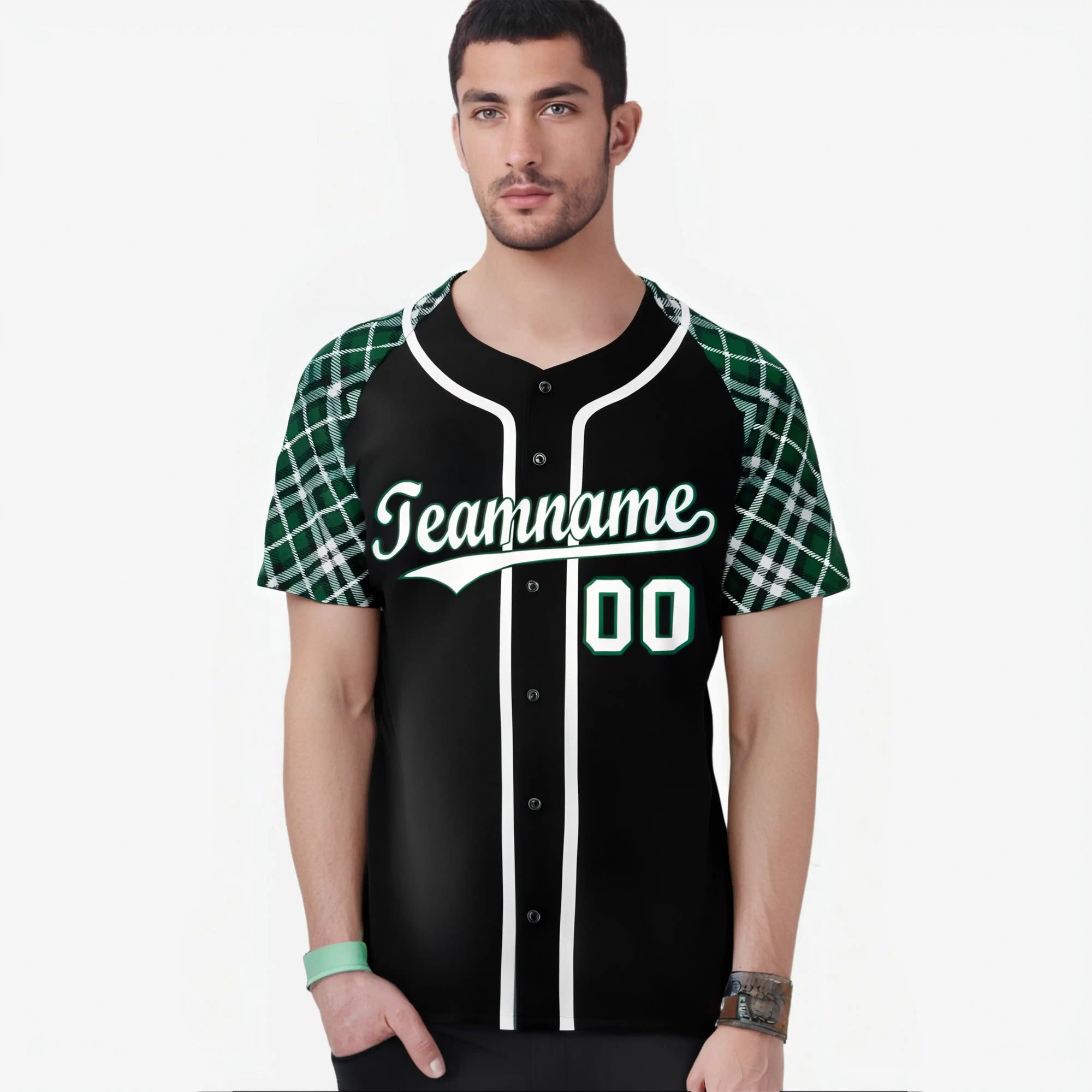 Custom Black Gray-Green Authentic Plaid sleeve Baseball Jersey