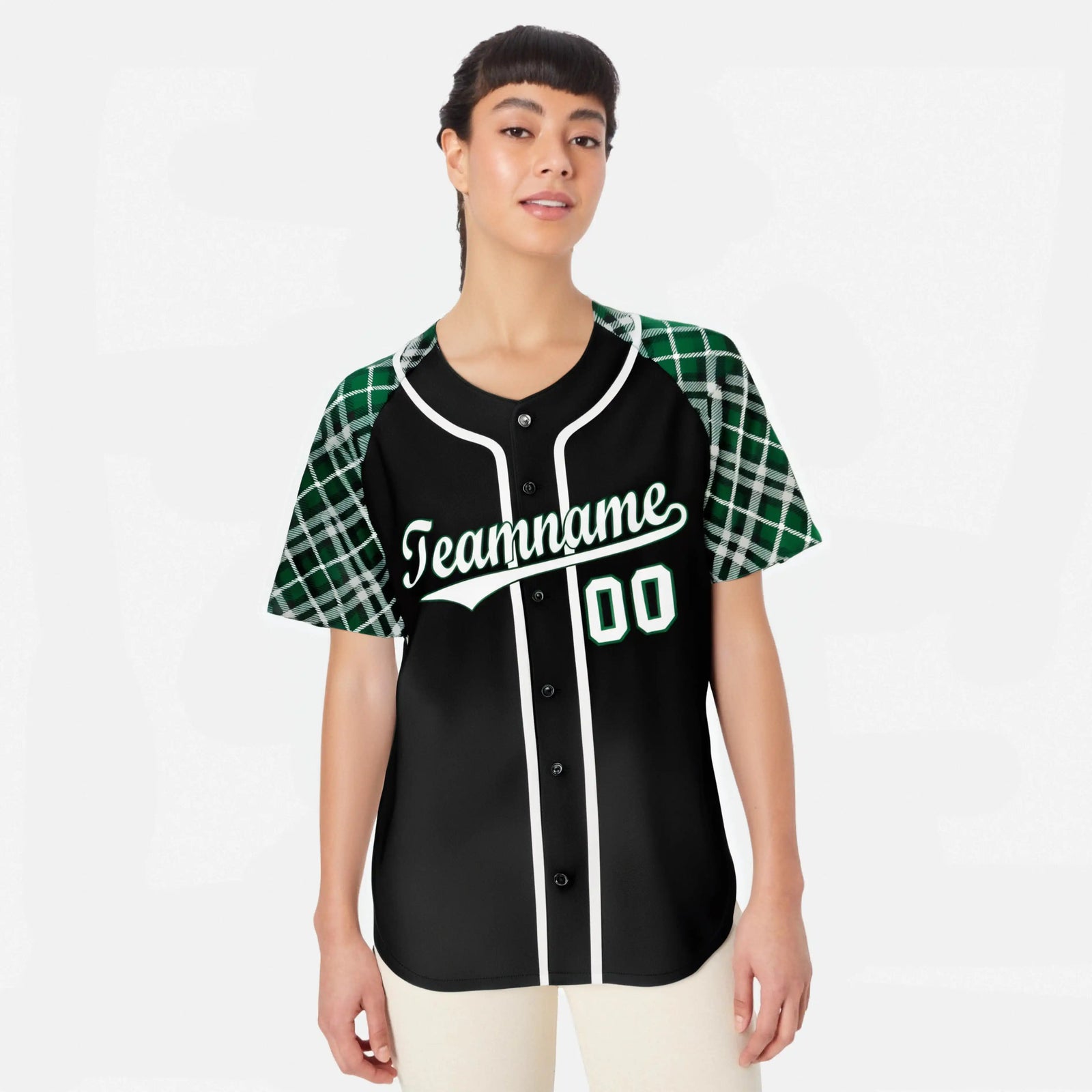 Custom Black Gray-Green Authentic Plaid sleeve Baseball Jersey
