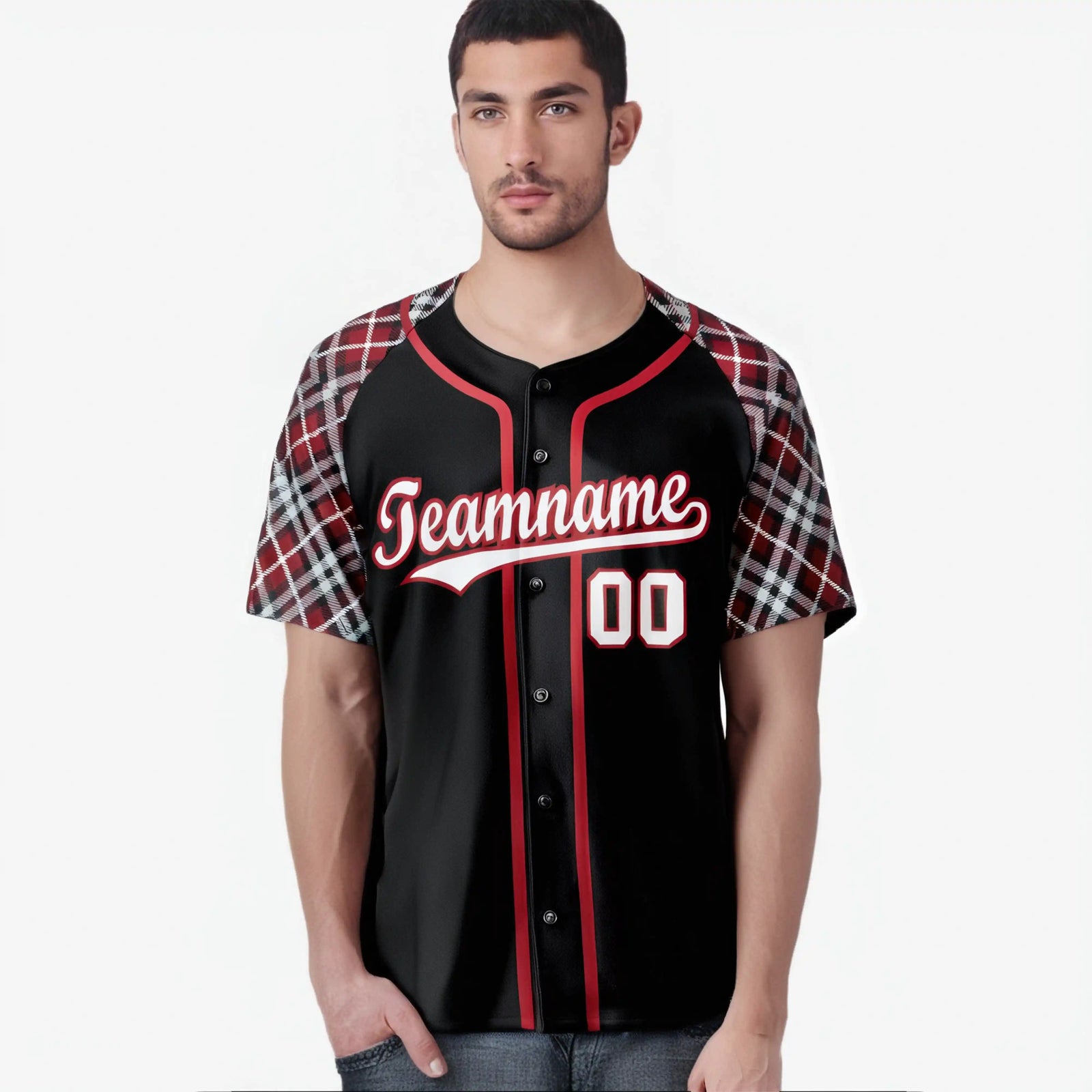 Custom Black Crimson-Gray Authentic Plaid sleeve Baseball Jersey