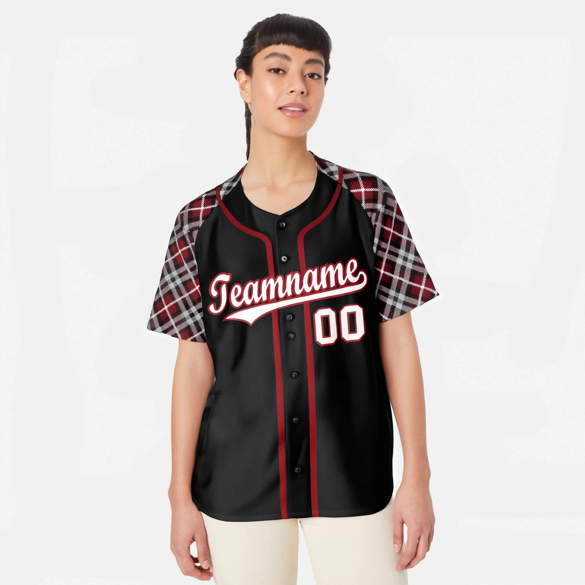 Custom Black Crimson-Gray Authentic Plaid sleeve Baseball Jersey