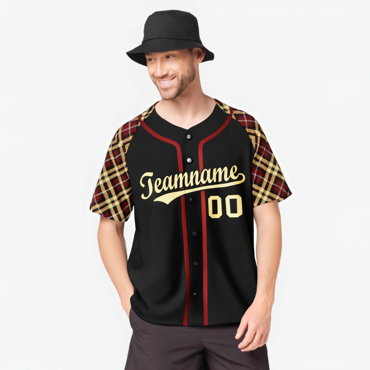 Custom Black Crimson Old-Gold Authentic Plaid sleeve Baseball Jersey