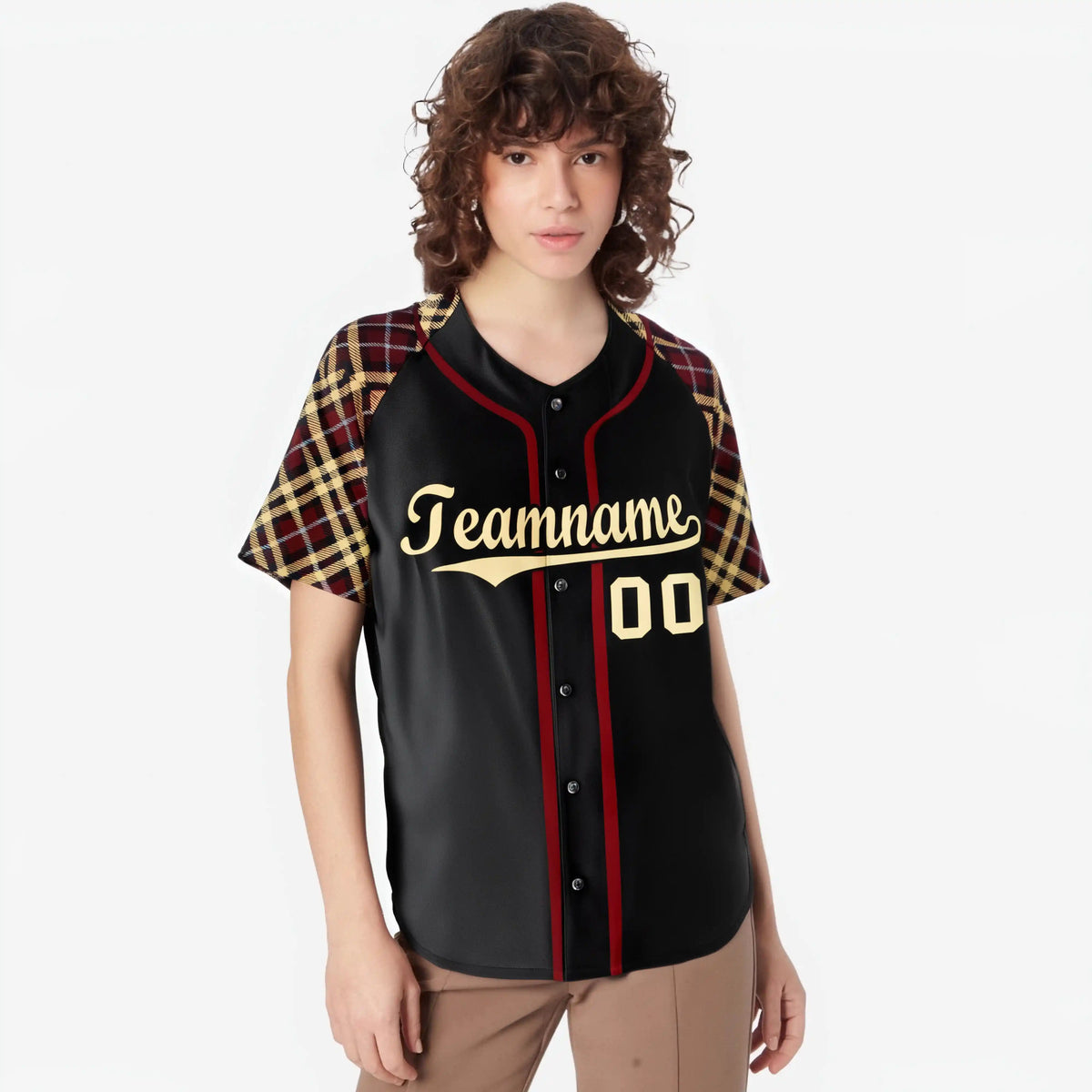 Custom Black Crimson Old-Gold Authentic Plaid sleeve Baseball Jersey