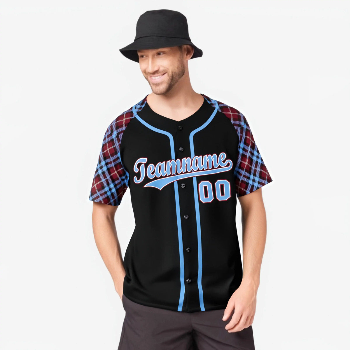 Custom Black Crimson-Blue White Authentic Plaid sleeve Baseball Jersey