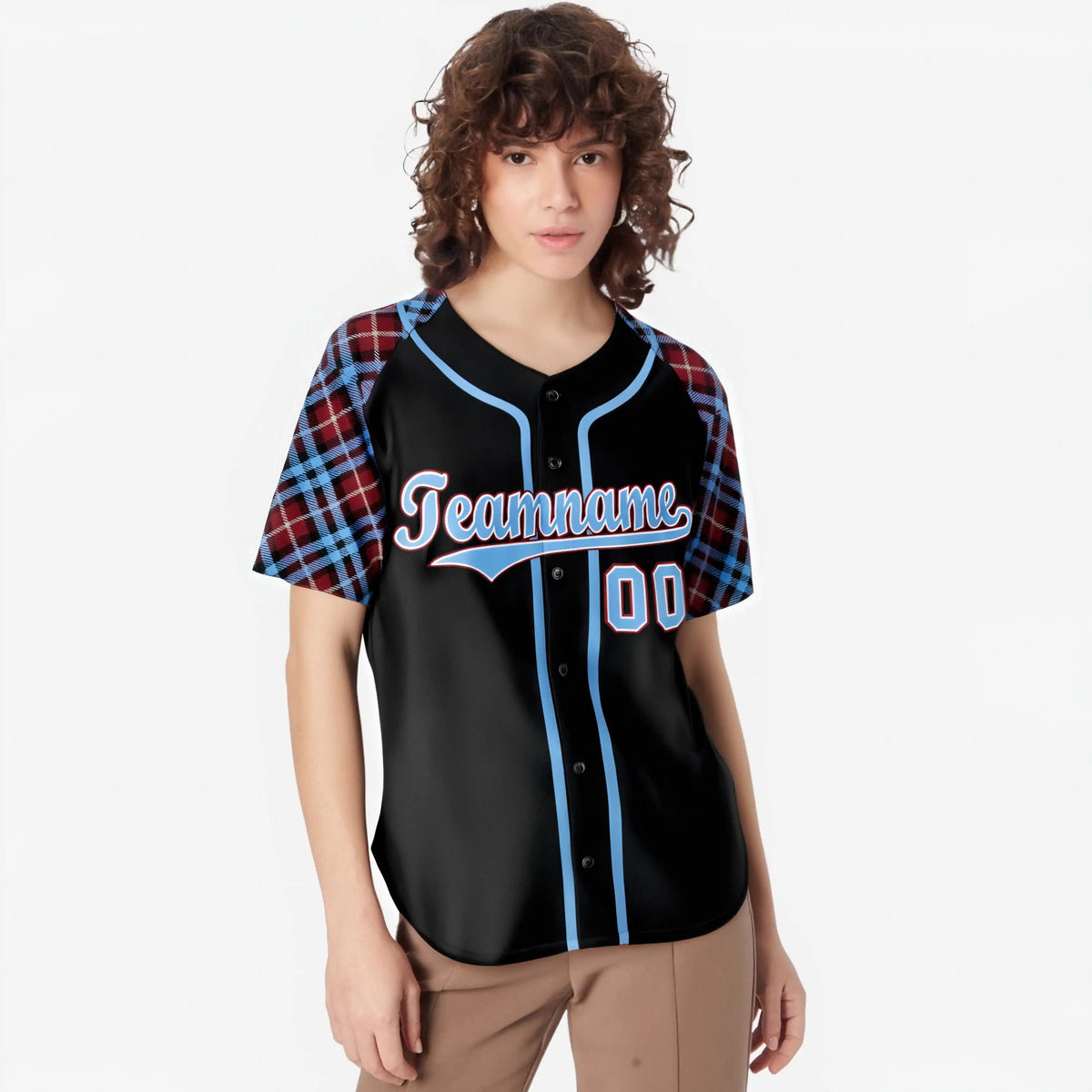 Custom Black Crimson-Blue White Authentic Plaid sleeve Baseball Jersey