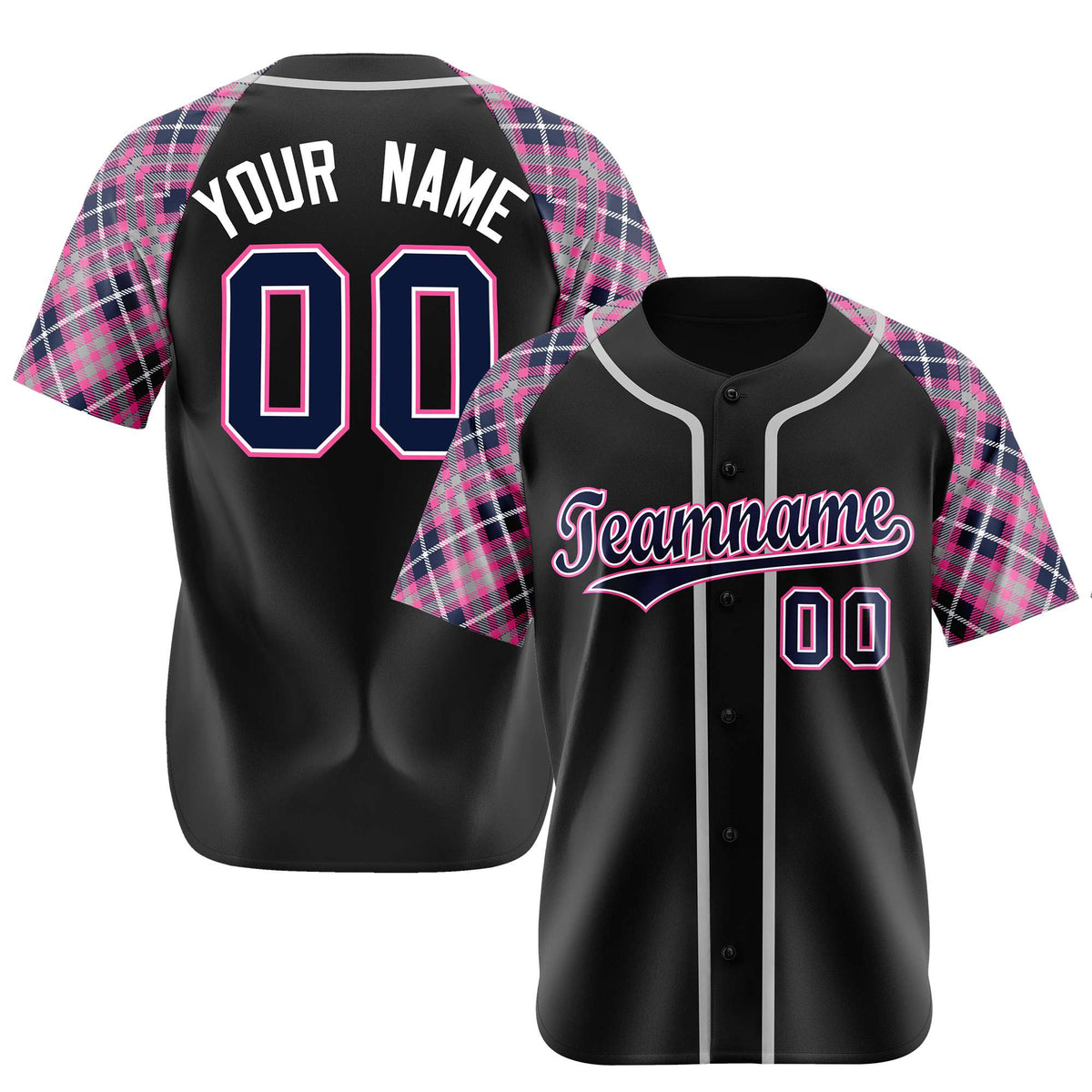 Custom Black Pink-Navy White Authentic Plaid sleeve Baseball Jersey