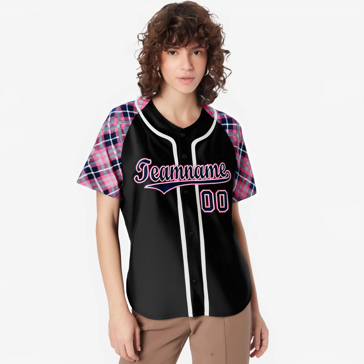 Custom Black Pink-Navy White Authentic Plaid sleeve Baseball Jersey