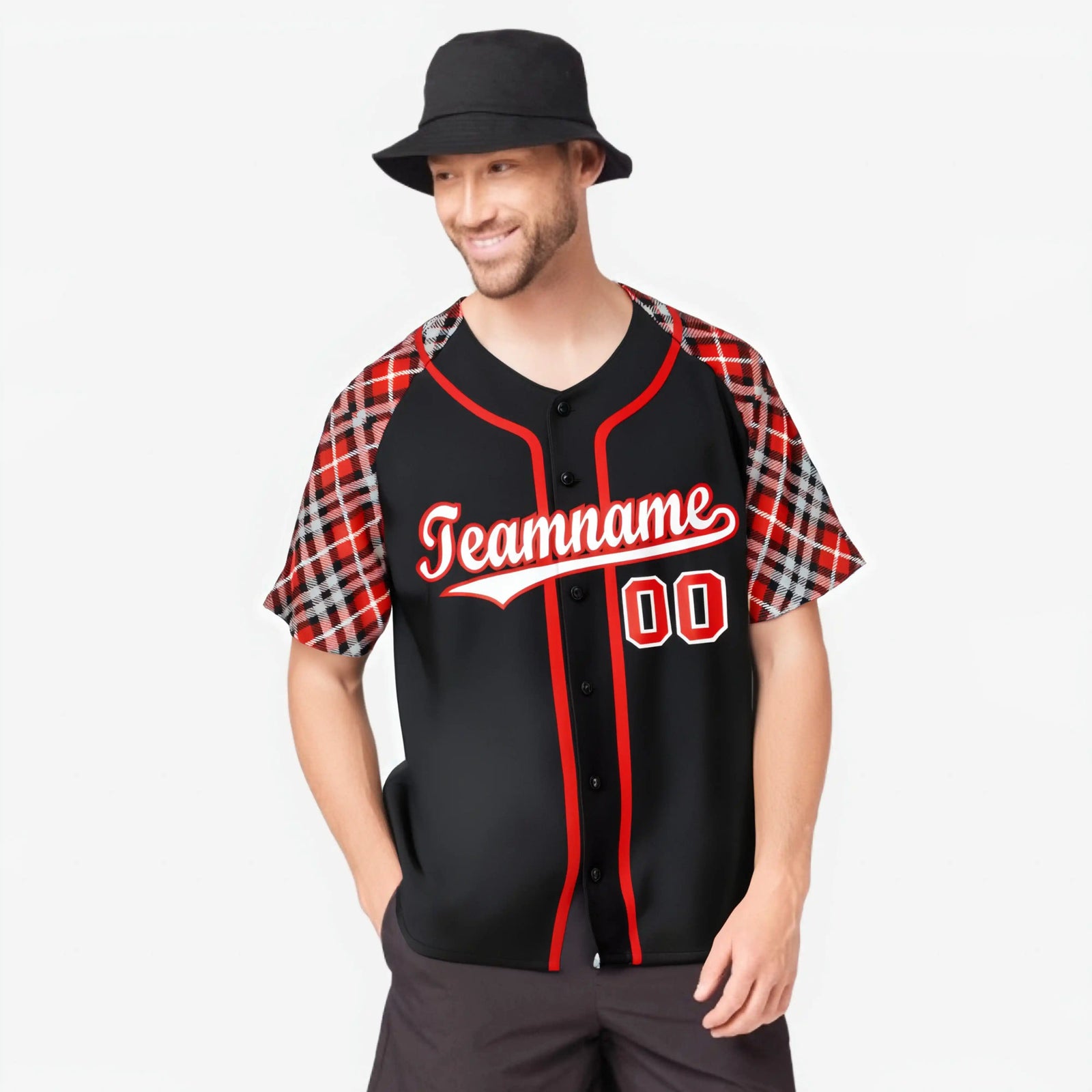 Custom Black Orange-Gray Authentic Plaid sleeve Baseball Jersey