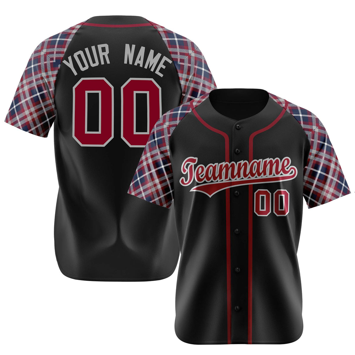 Custom Black Crimson-Gray Navy Authentic Plaid sleeve Baseball Jersey