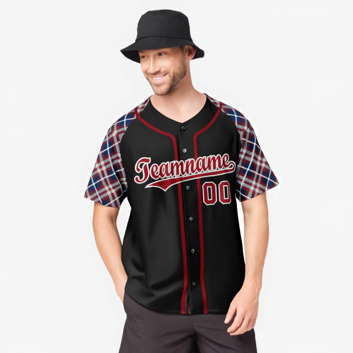 Custom Black Crimson-Gray Navy Authentic Plaid sleeve Baseball Jersey