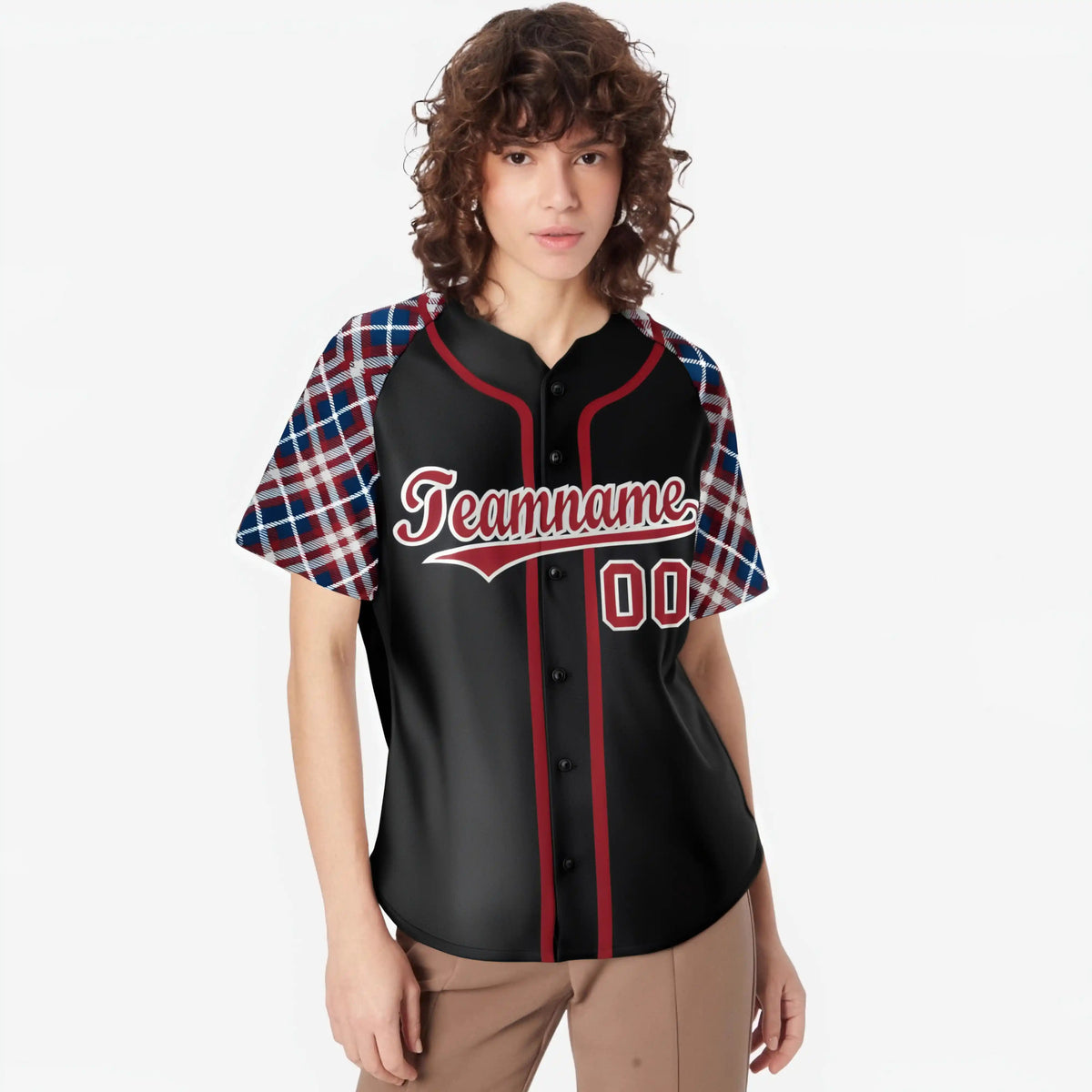 Custom Black Crimson-Gray Navy Authentic Plaid sleeve Baseball Jersey