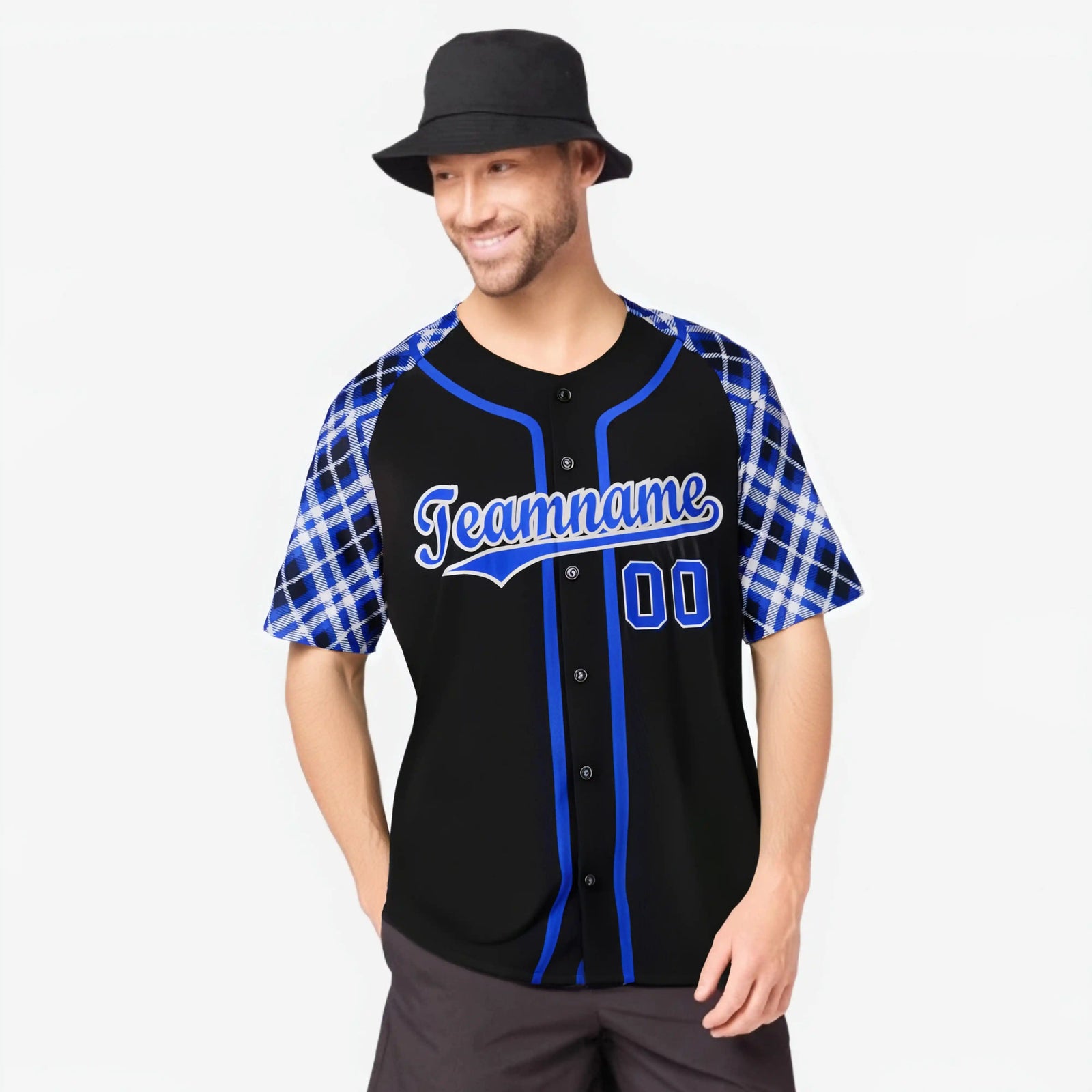Custom Black Purple-White Authentic Plaid sleeve Baseball Jersey