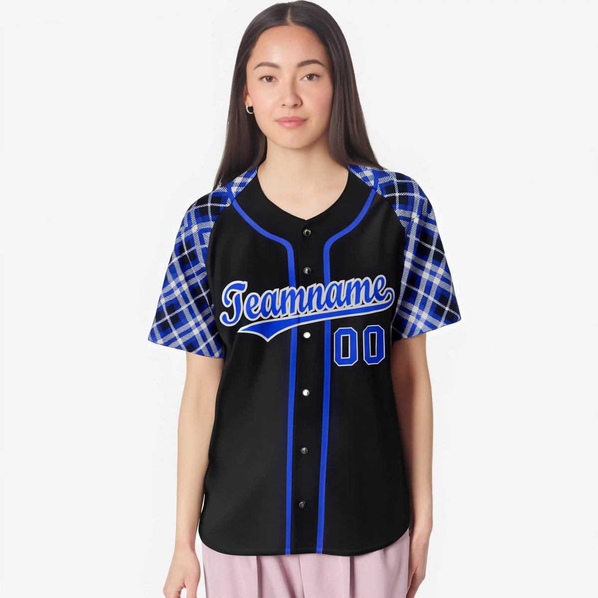 Custom Black Purple-White Authentic Plaid sleeve Baseball Jersey