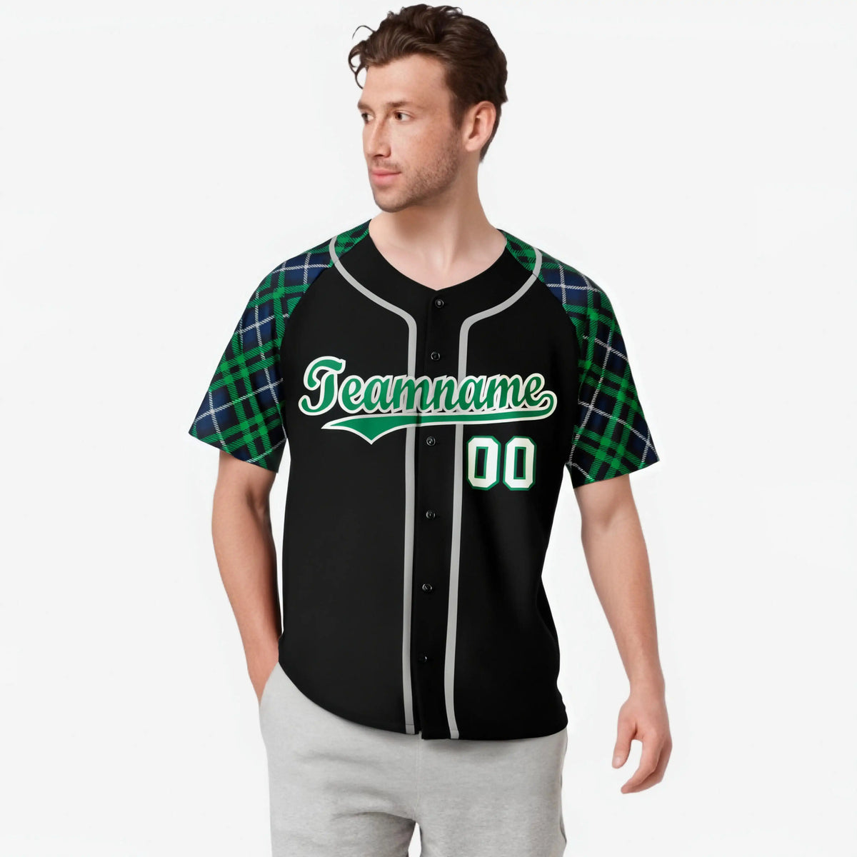 Custom Black Green-Gray Navy Authentic Plaid sleeve Baseball Jersey