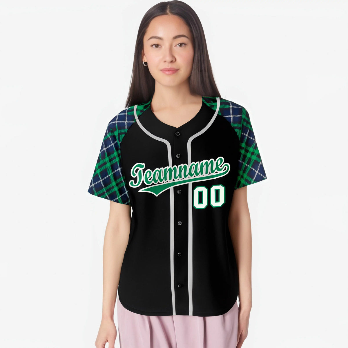 Custom Black Green-Gray Navy Authentic Plaid sleeve Baseball Jersey