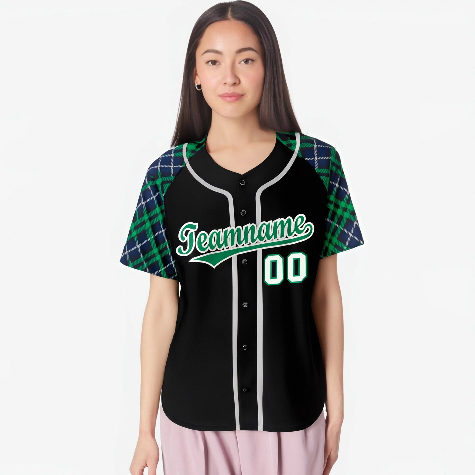 Custom Black Green-Gray Navy Authentic Plaid sleeve Baseball Jersey